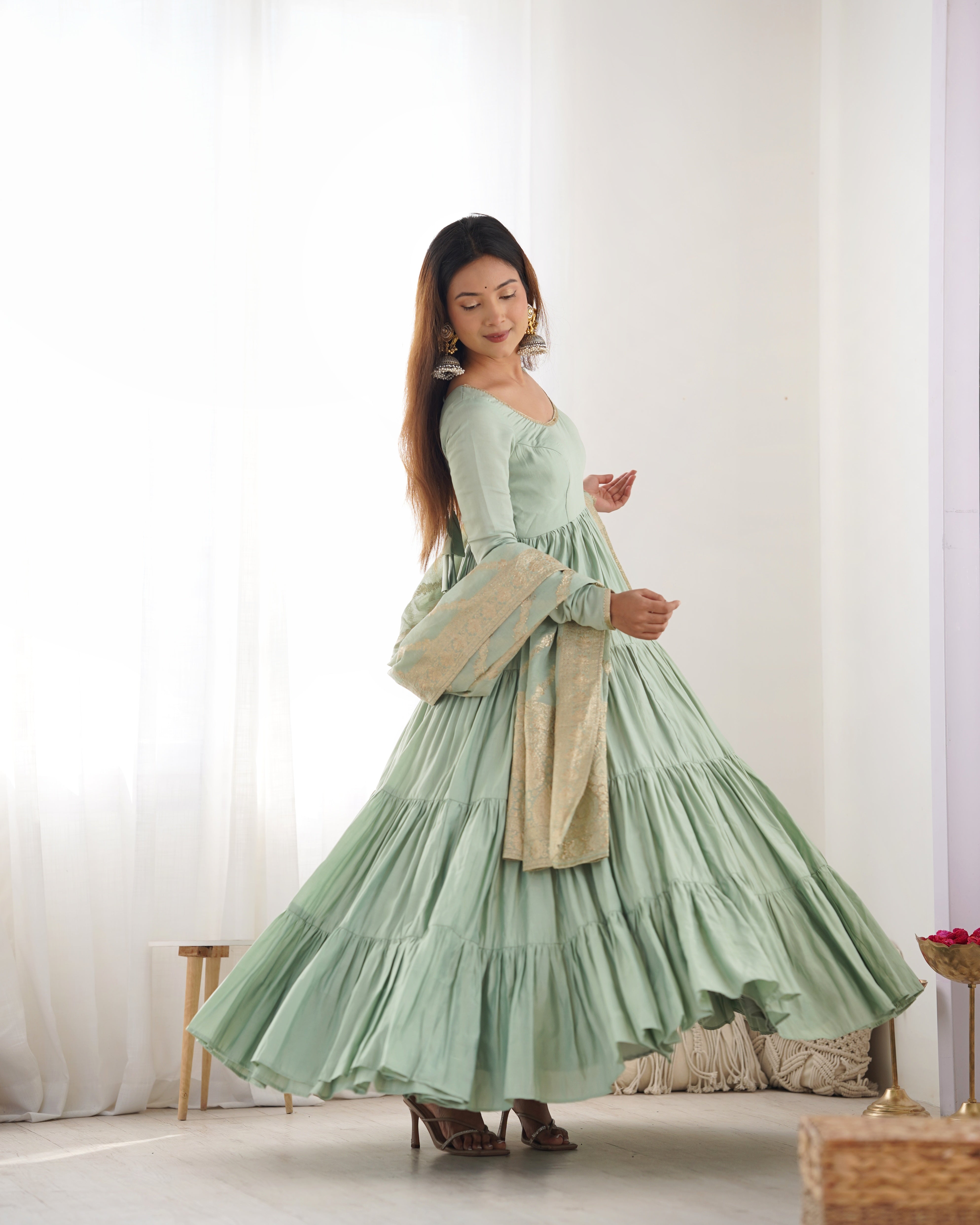 PURE ROMANSILK CHANDERI FABRIC FULLY FLAIR ANARKALI,WITH DUPPTA SET,PENT READY TO WEAR
