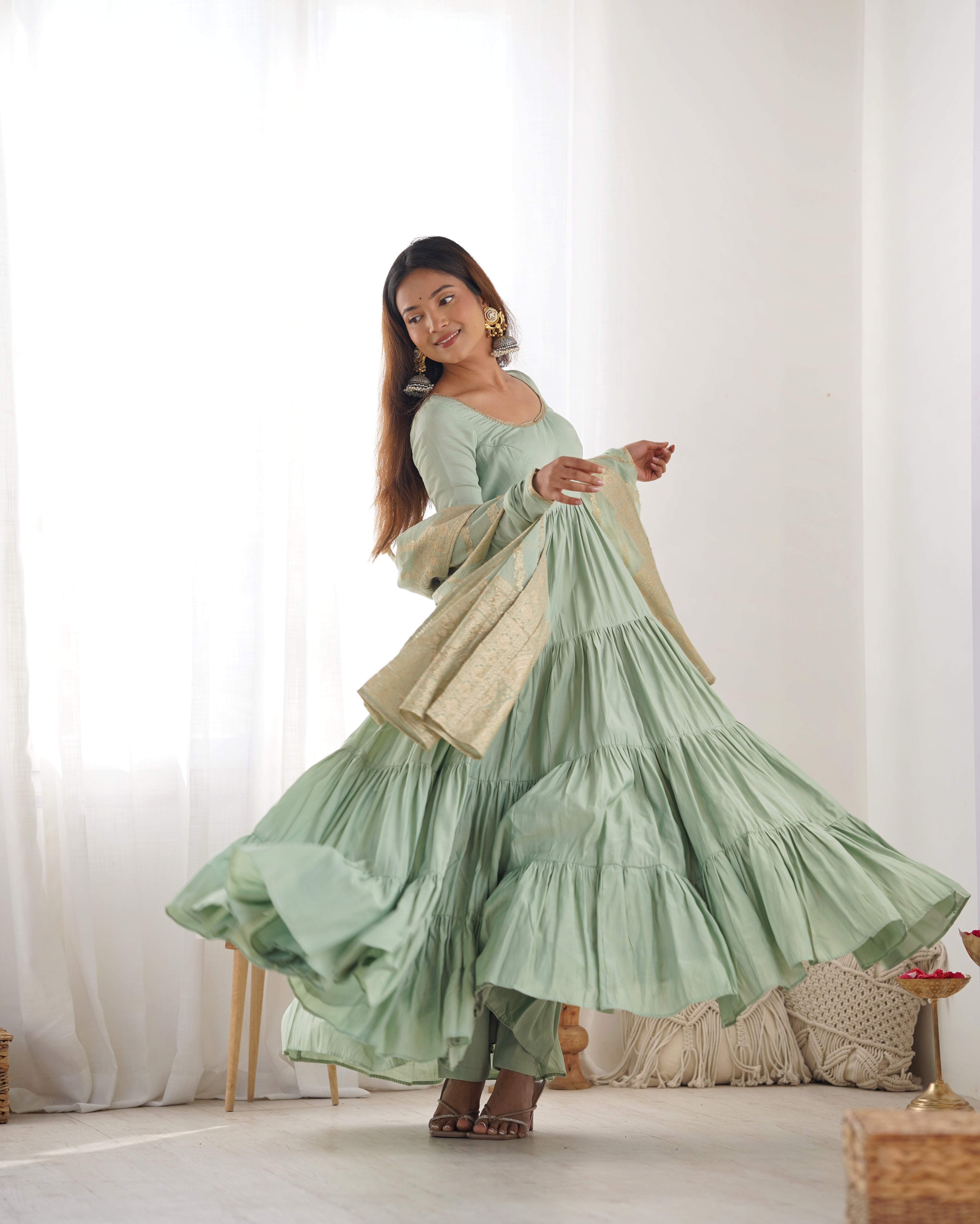 PURE ROMANSILK CHANDERI FABRIC FULLY FLAIR ANARKALI,WITH DUPPTA SET,PENT READY TO WEAR
