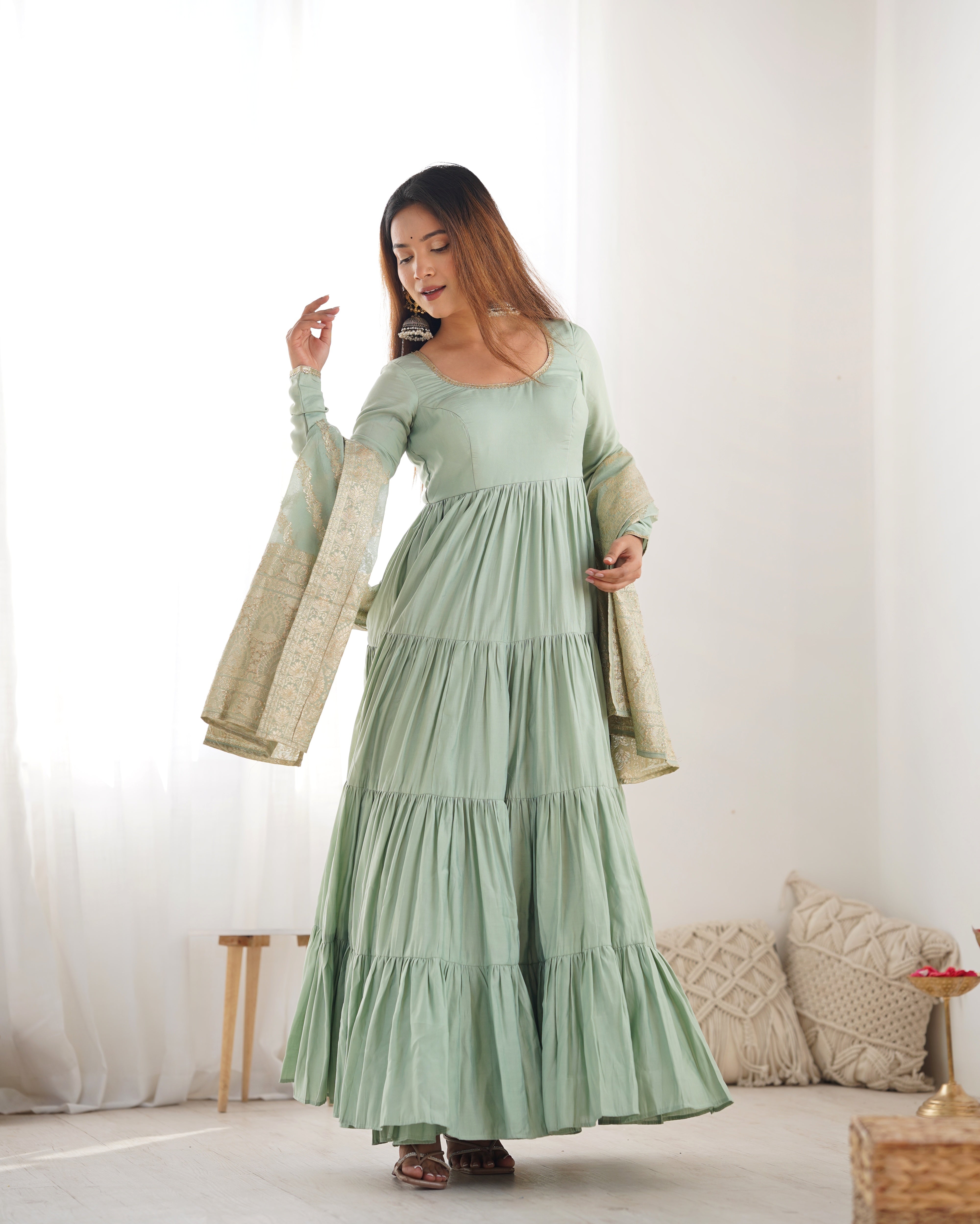 PURE ROMANSILK CHANDERI FABRIC FULLY FLAIR ANARKALI,WITH DUPPTA SET,PENT READY TO WEAR