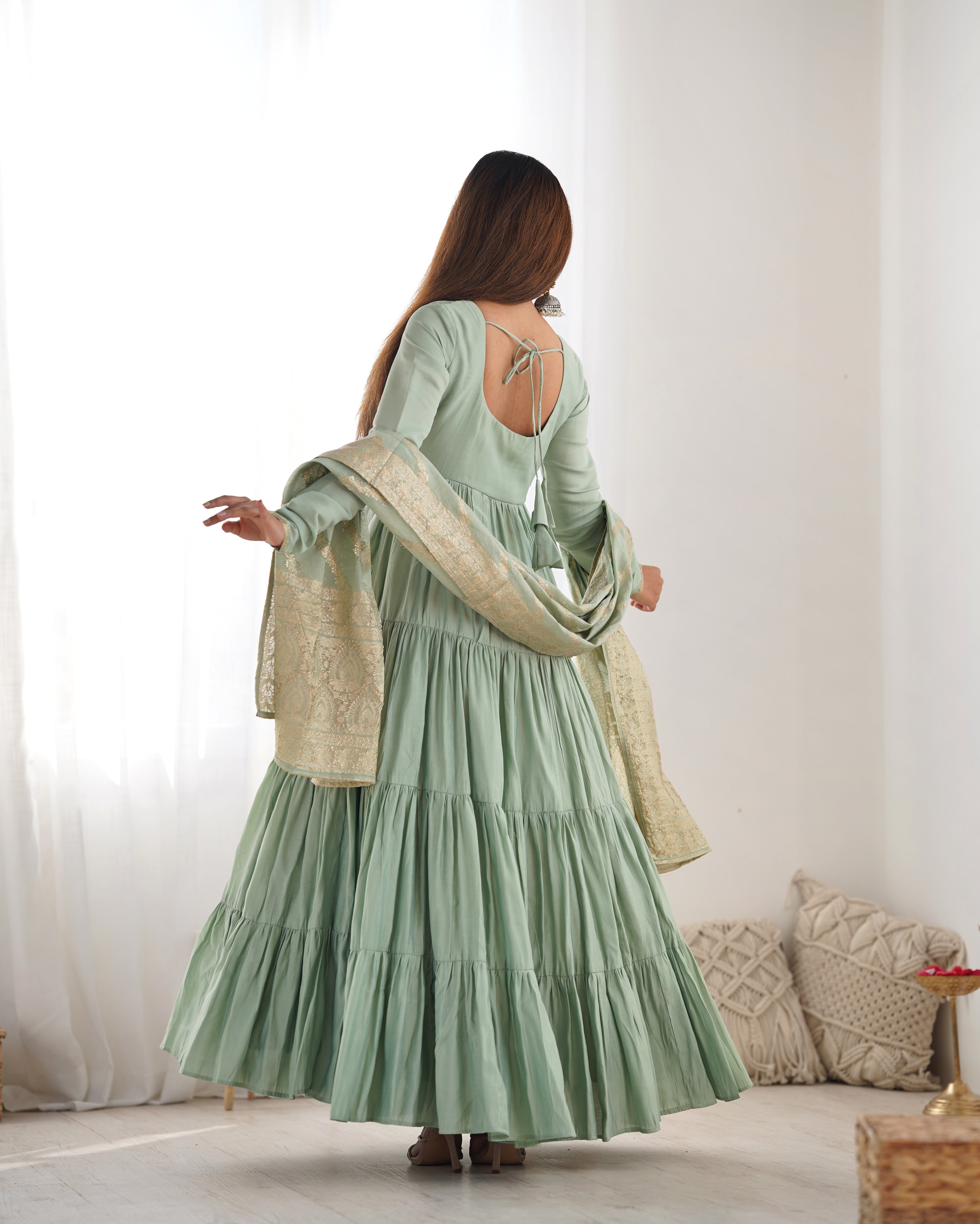 PURE ROMANSILK CHANDERI FABRIC FULLY FLAIR ANARKALI,WITH DUPPTA SET,PENT READY TO WEAR