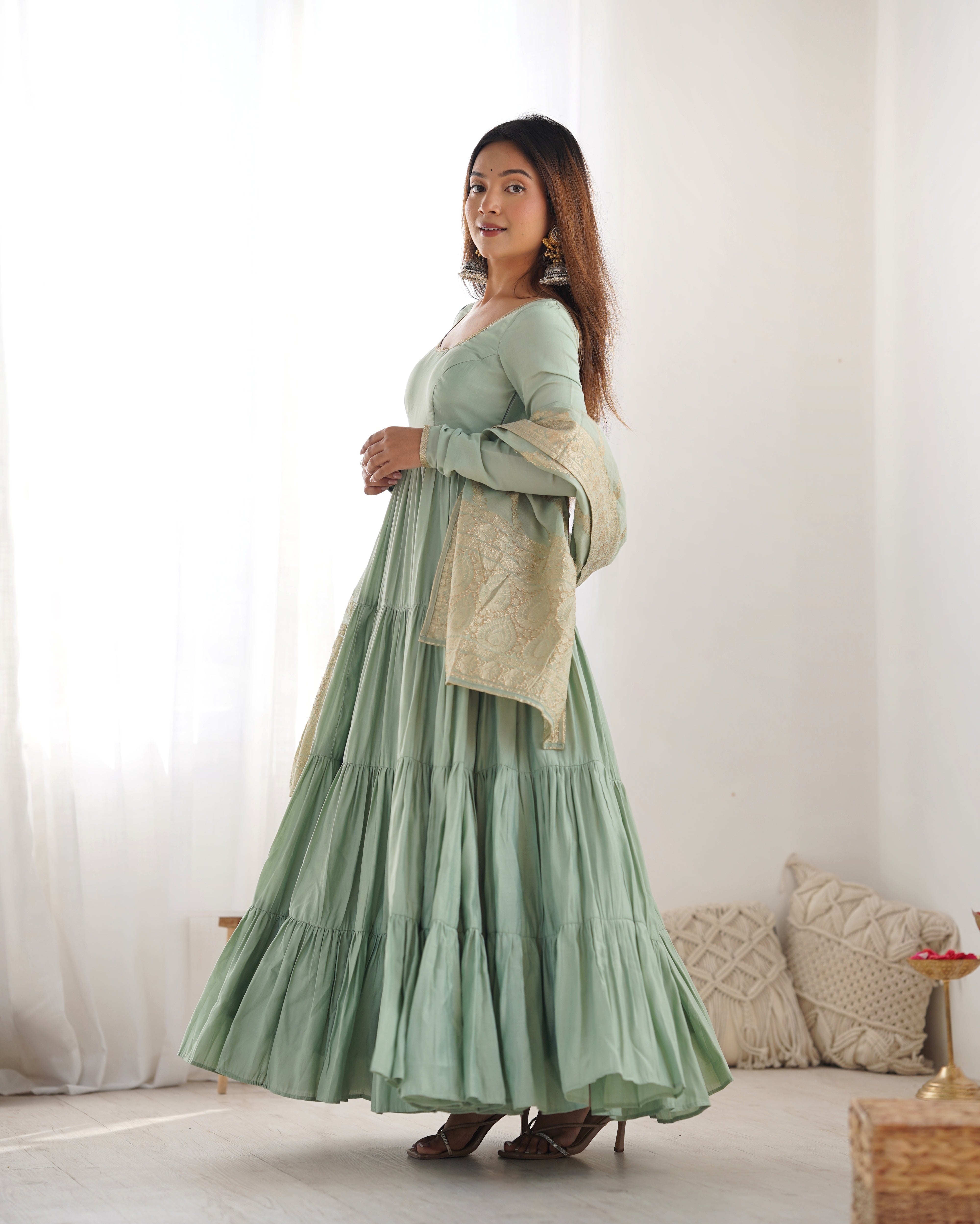 PURE ROMANSILK CHANDERI FABRIC FULLY FLAIR ANARKALI,WITH DUPPTA SET,PENT READY TO WEAR