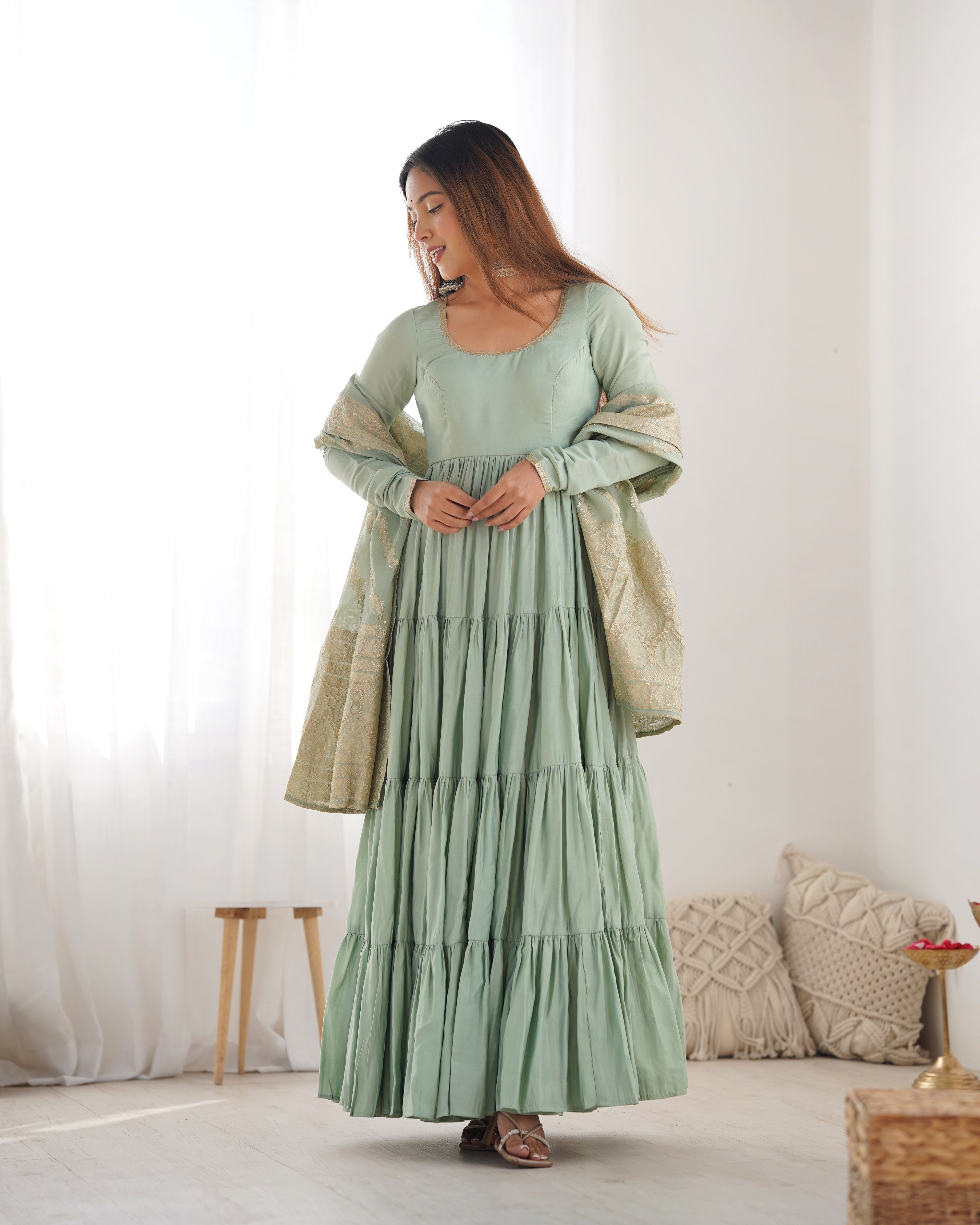 PURE ROMANSILK CHANDERI FABRIC FULLY FLAIR ANARKALI,WITH DUPPTA SET,PENT READY TO WEAR