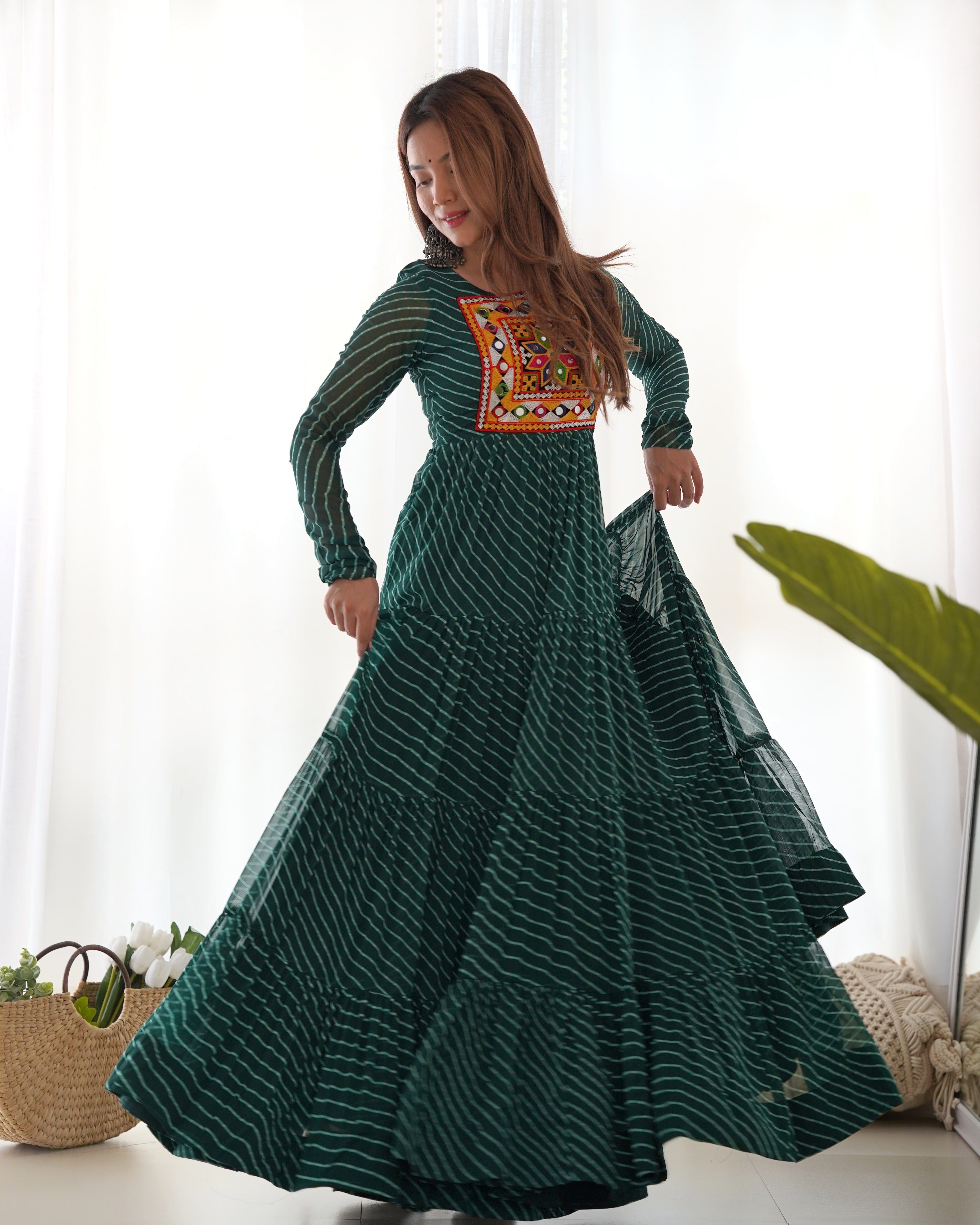 PURE SOFT FOX GEORGETTE LAHERIYA PRINT FABRIC FULLY FLAIR ANARKALI FULLY STTICHED GOWN READY TO WEAR