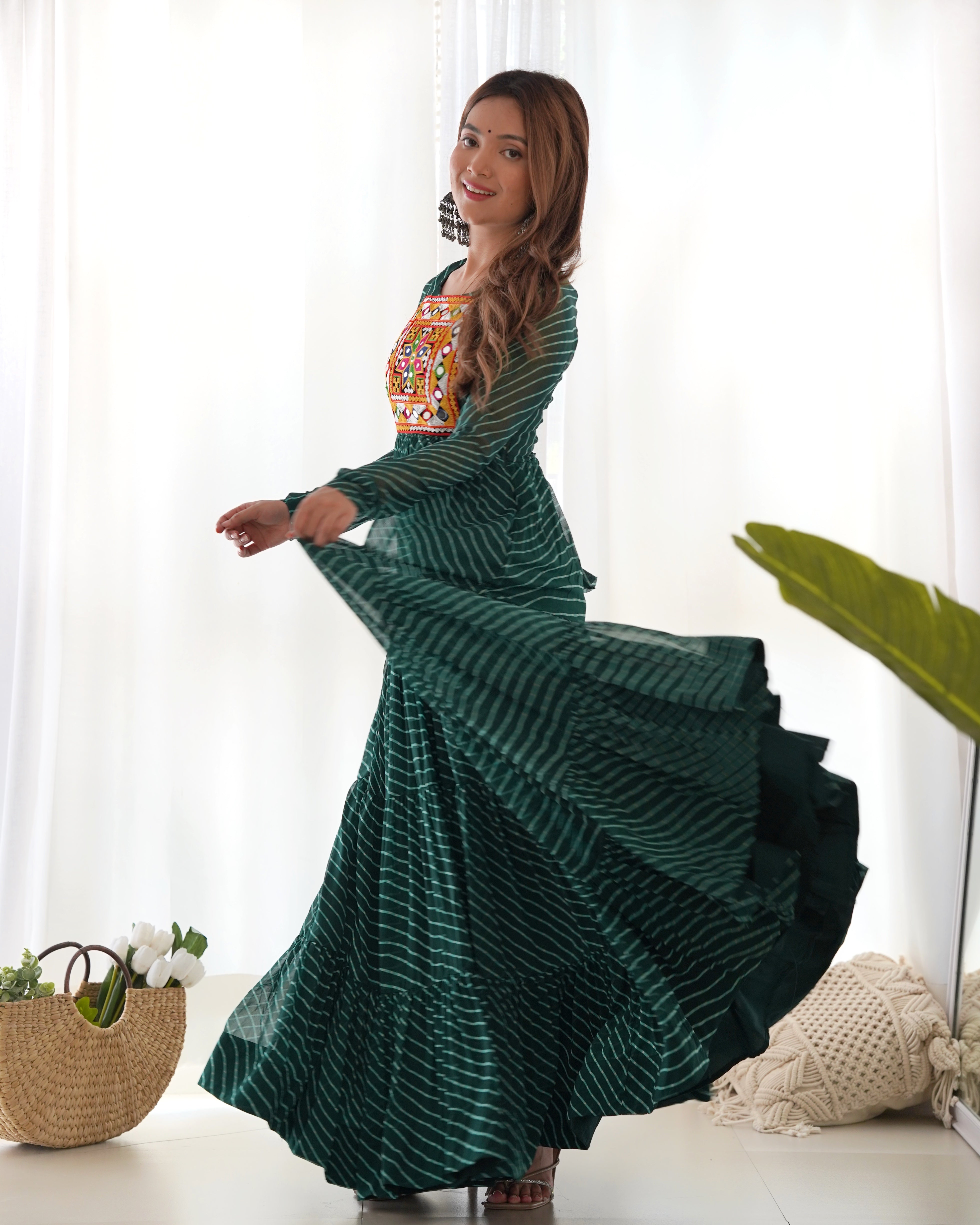 PURE SOFT FOX GEORGETTE LAHERIYA PRINT FABRIC FULLY FLAIR ANARKALI FULLY STTICHED GOWN READY TO WEAR