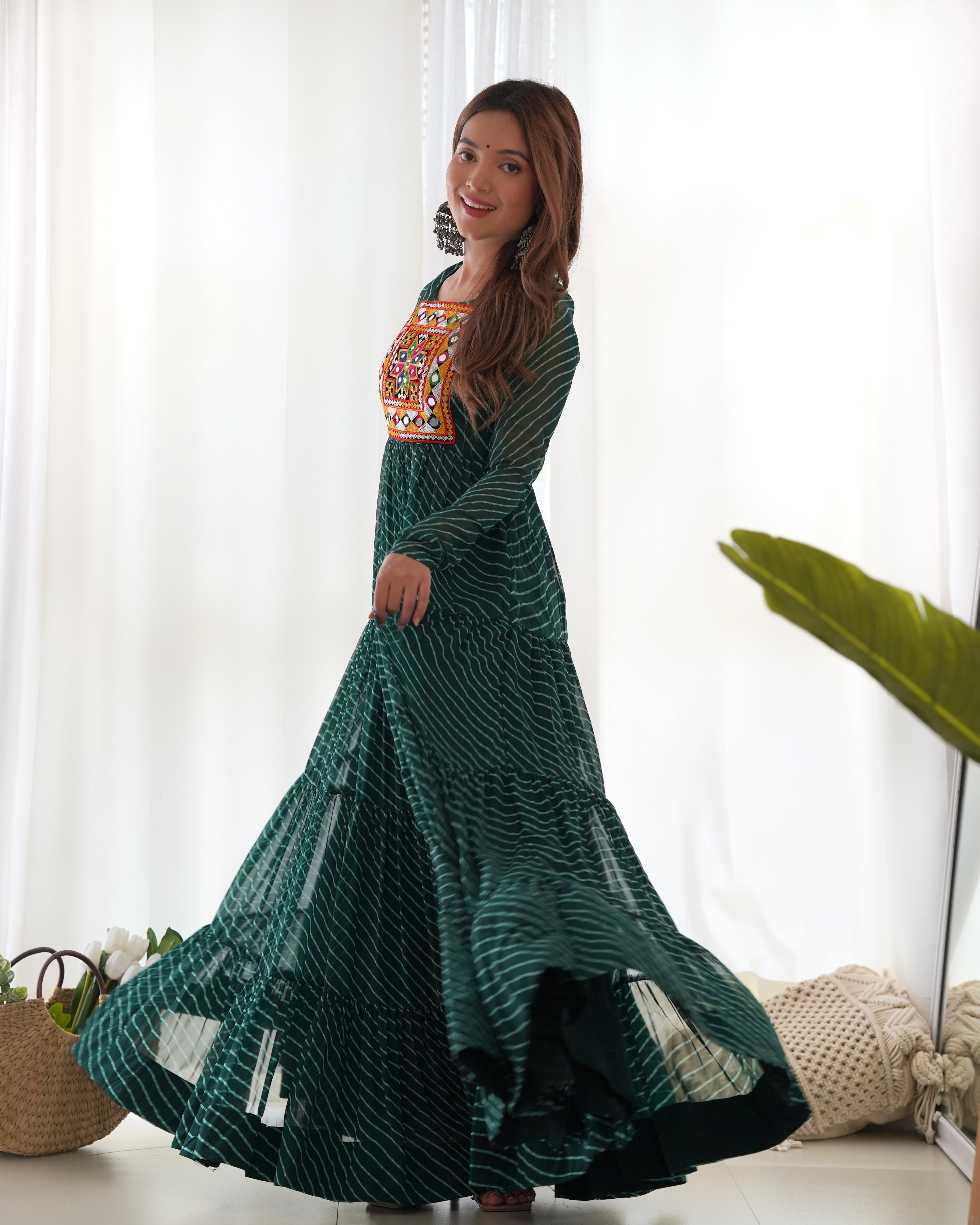 PURE SOFT FOX GEORGETTE LAHERIYA PRINT FABRIC FULLY FLAIR ANARKALI FULLY STTICHED GOWN READY TO WEAR