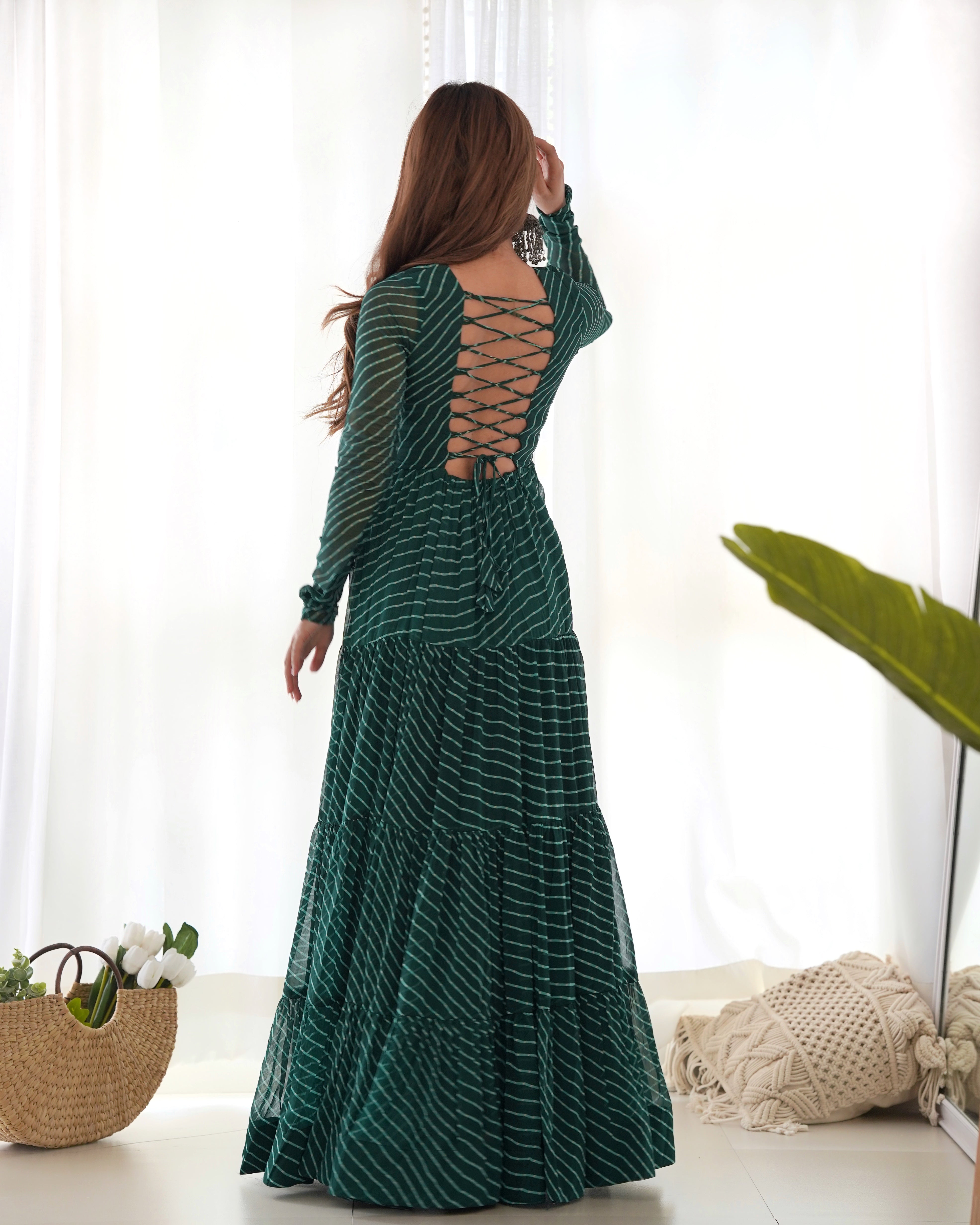 PURE SOFT FOX GEORGETTE LAHERIYA PRINT FABRIC FULLY FLAIR ANARKALI FULLY STTICHED GOWN READY TO WEAR
