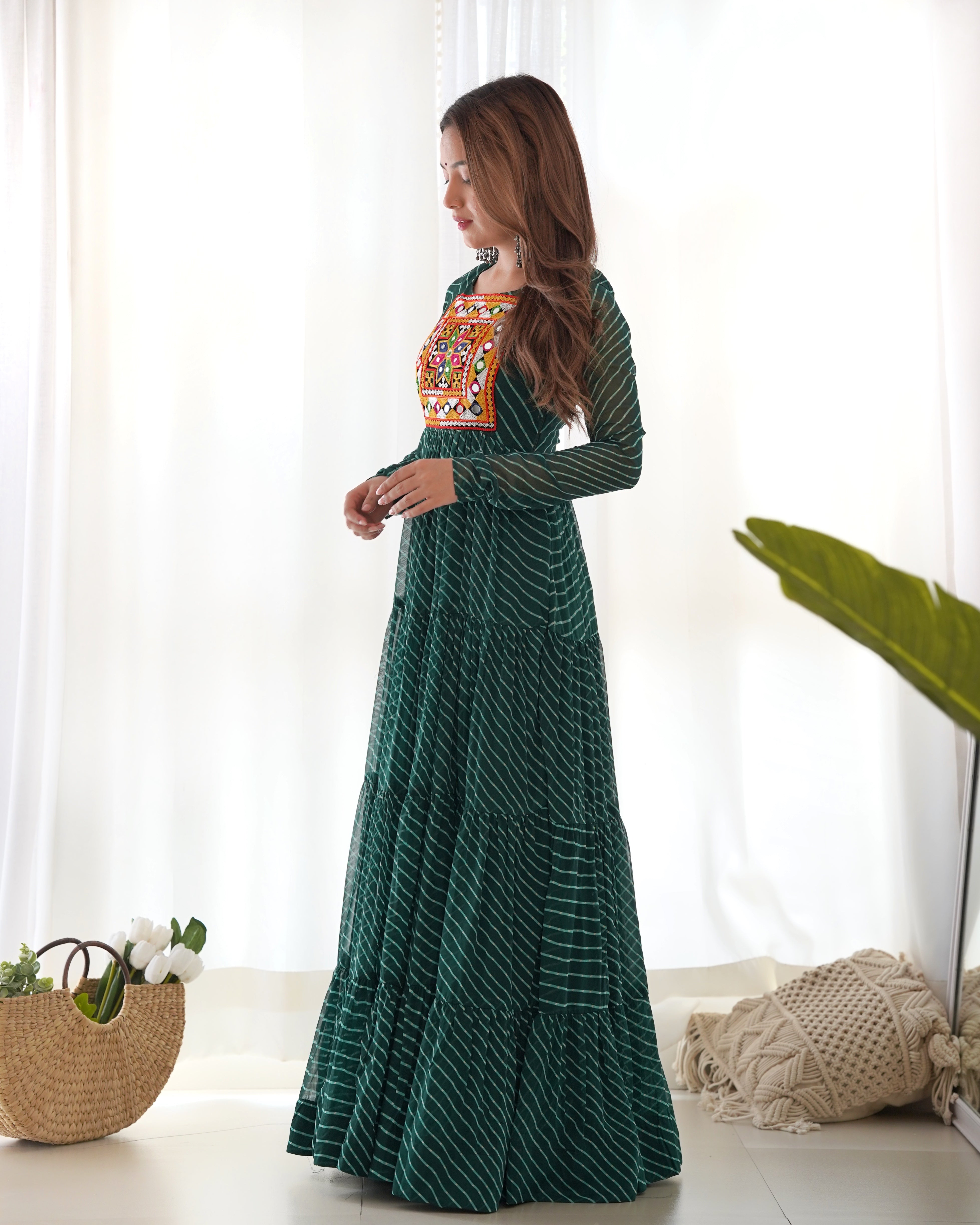 PURE SOFT FOX GEORGETTE LAHERIYA PRINT FABRIC FULLY FLAIR ANARKALI FULLY STTICHED GOWN READY TO WEAR