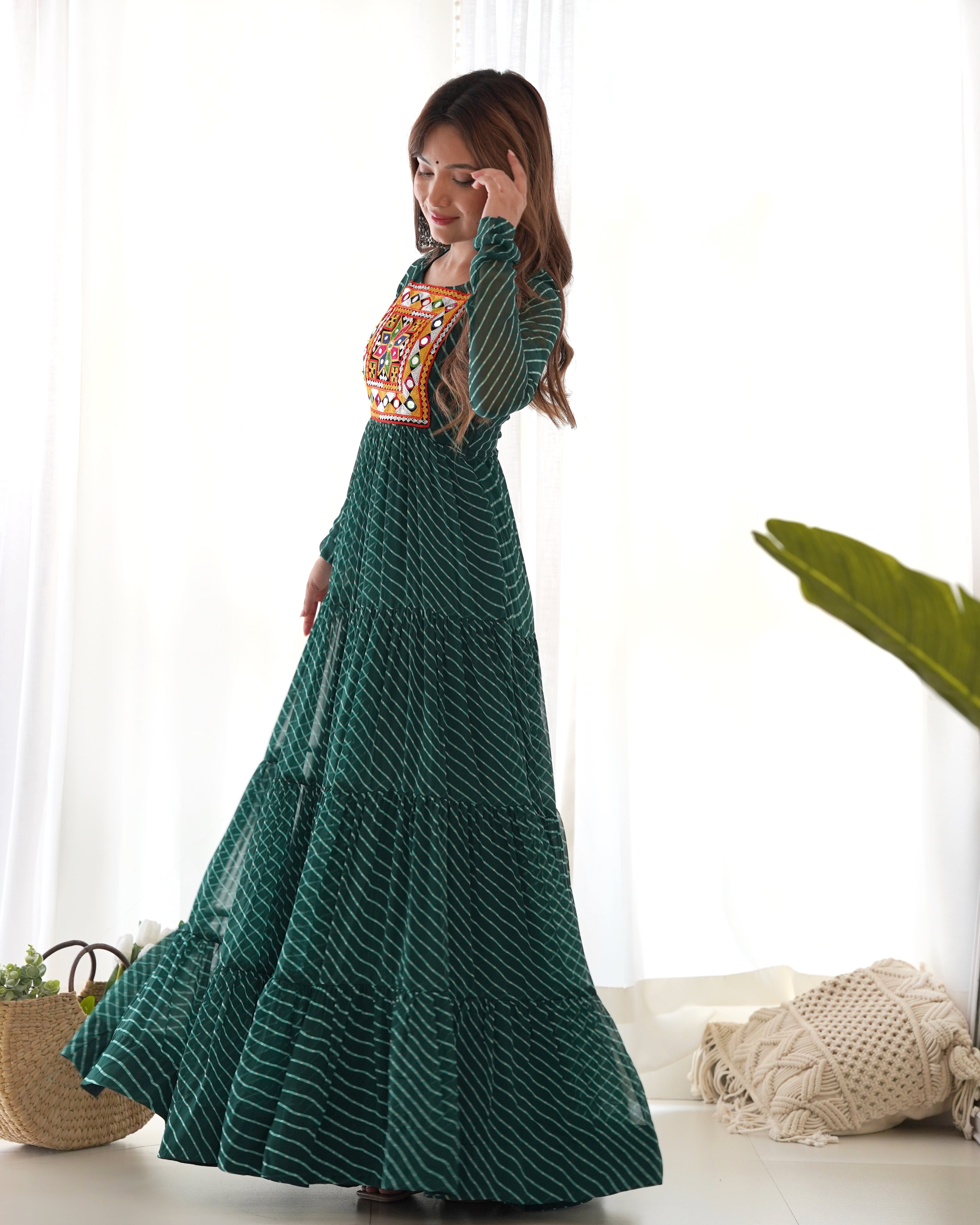 PURE SOFT FOX GEORGETTE LAHERIYA PRINT FABRIC FULLY FLAIR ANARKALI FULLY STTICHED GOWN READY TO WEAR