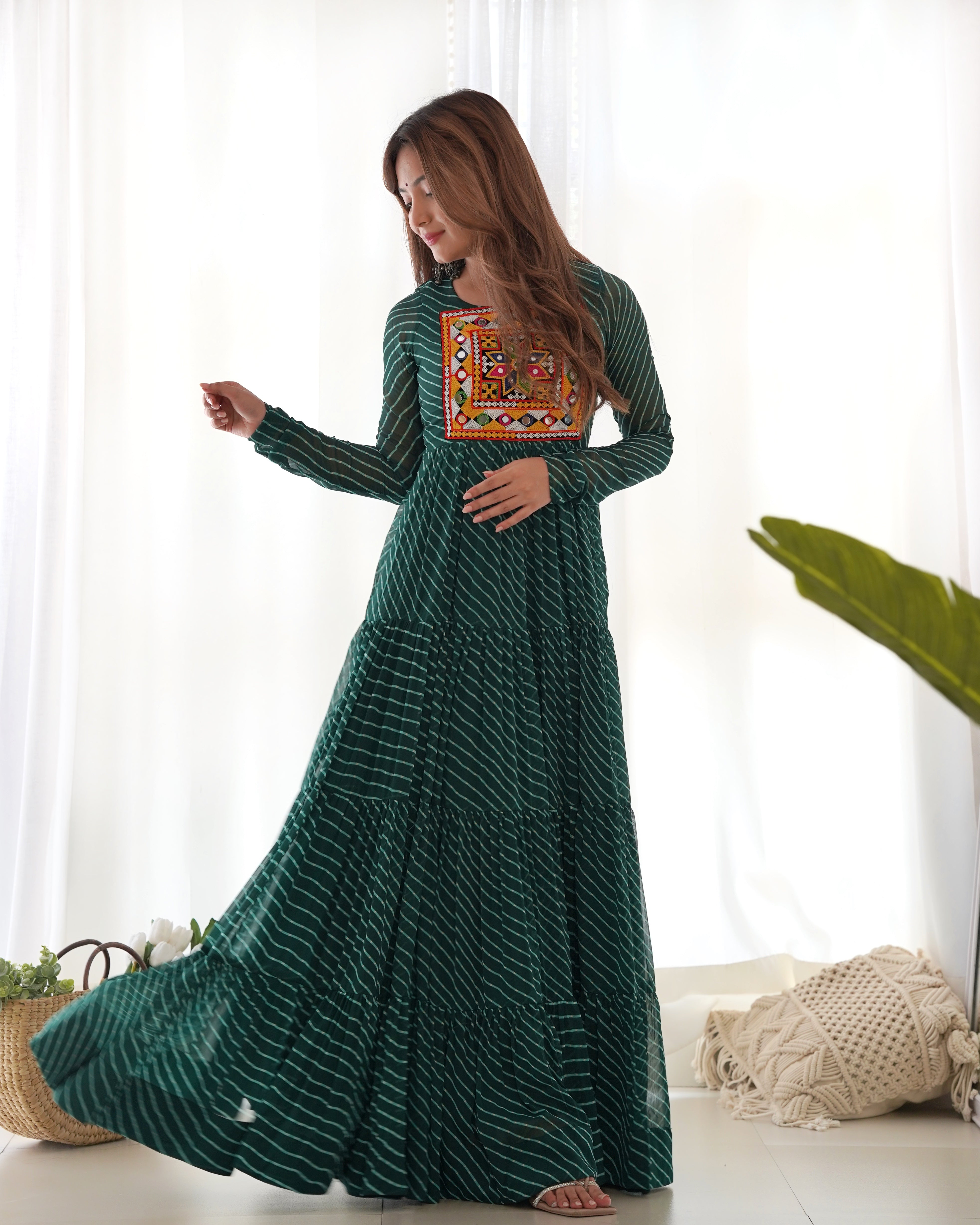 PURE SOFT FOX GEORGETTE LAHERIYA PRINT FABRIC FULLY FLAIR ANARKALI FULLY STTICHED GOWN READY TO WEAR