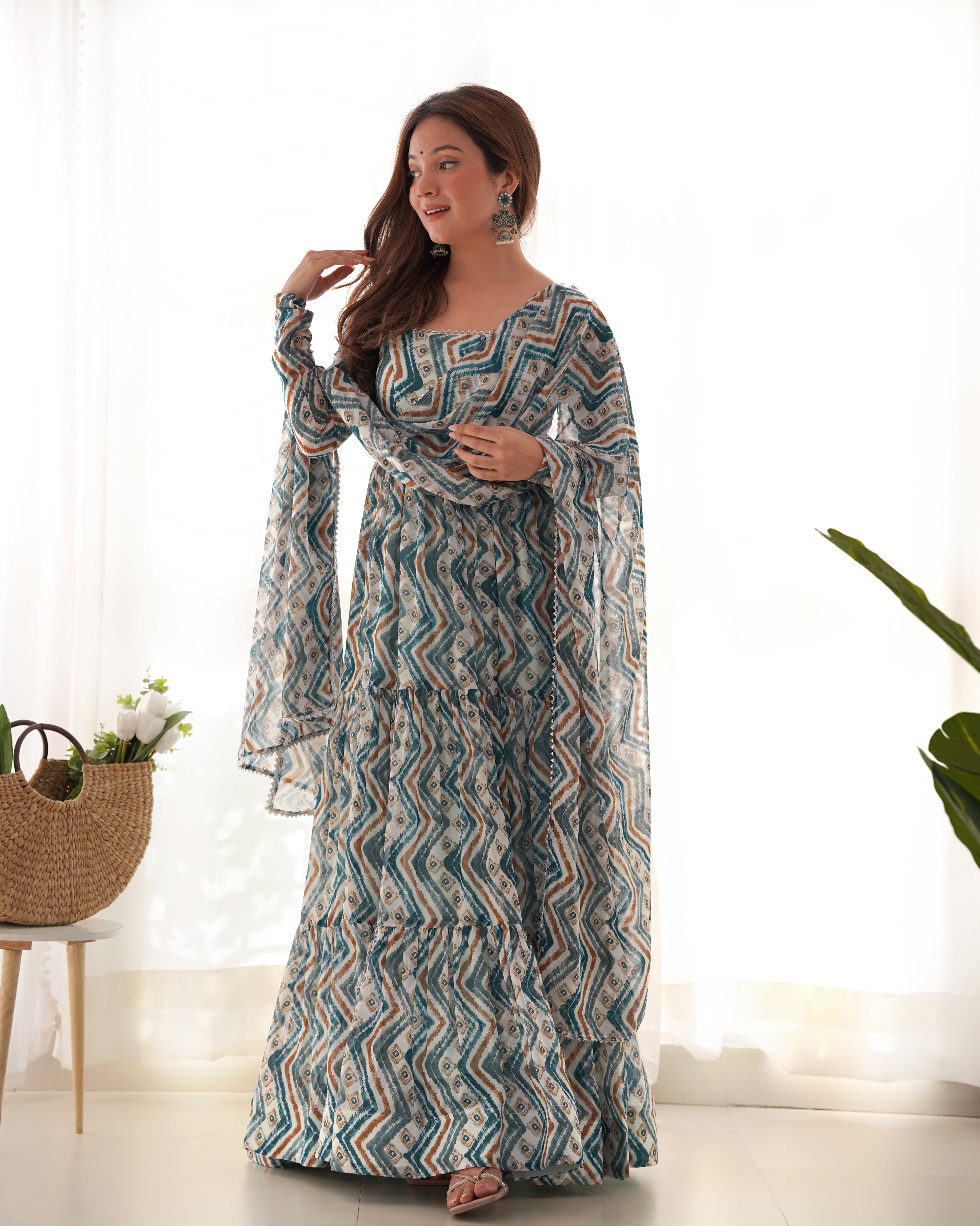 PURE SOFT FOX GEORGETTE ZIGZAG PRINT FABRIC FULLY FLAIR ANARKALI,WITH DUPPTA SET,PENT READY TO WEAR