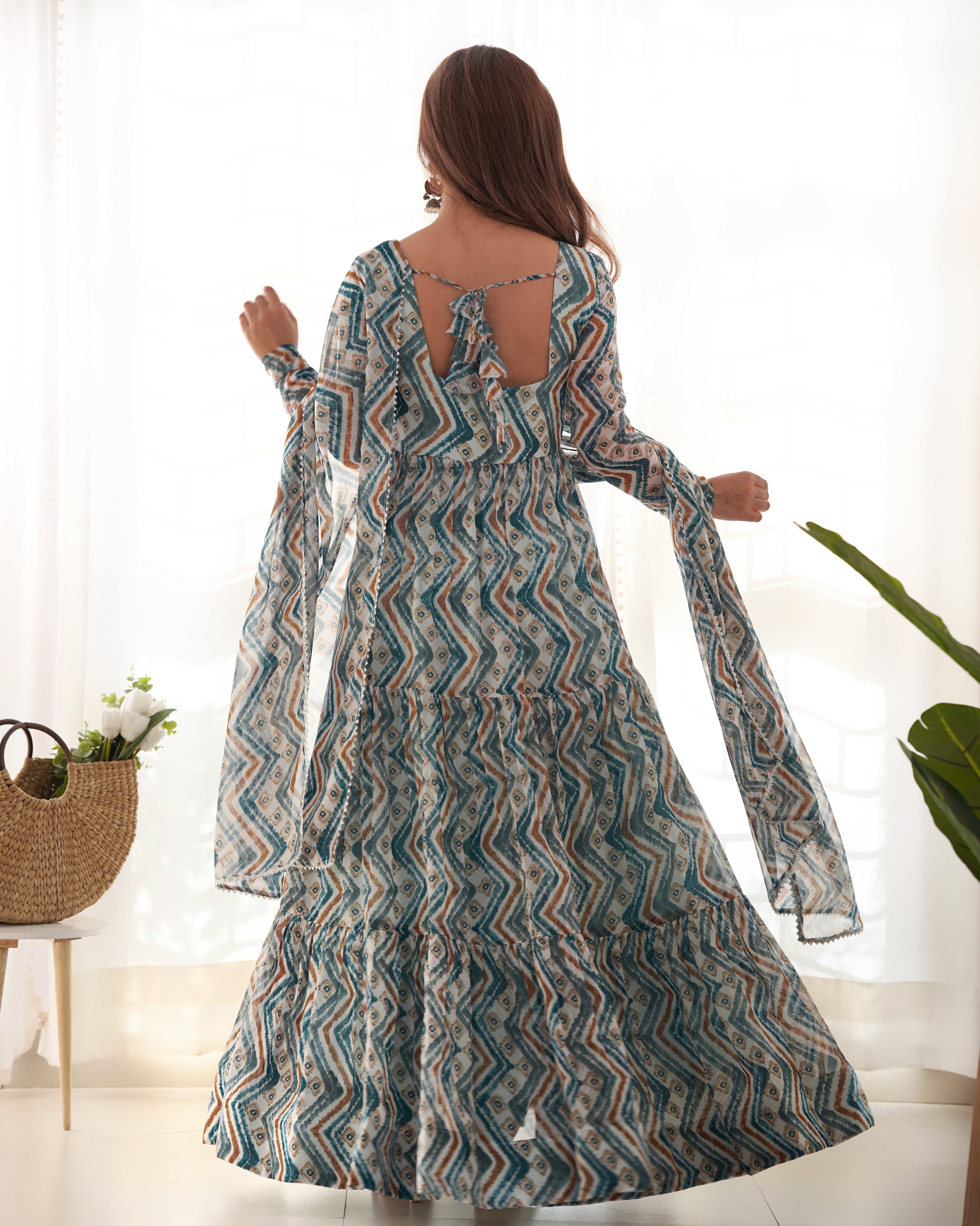 PURE SOFT FOX GEORGETTE ZIGZAG PRINT FABRIC FULLY FLAIR ANARKALI,WITH DUPPTA SET,PENT READY TO WEAR