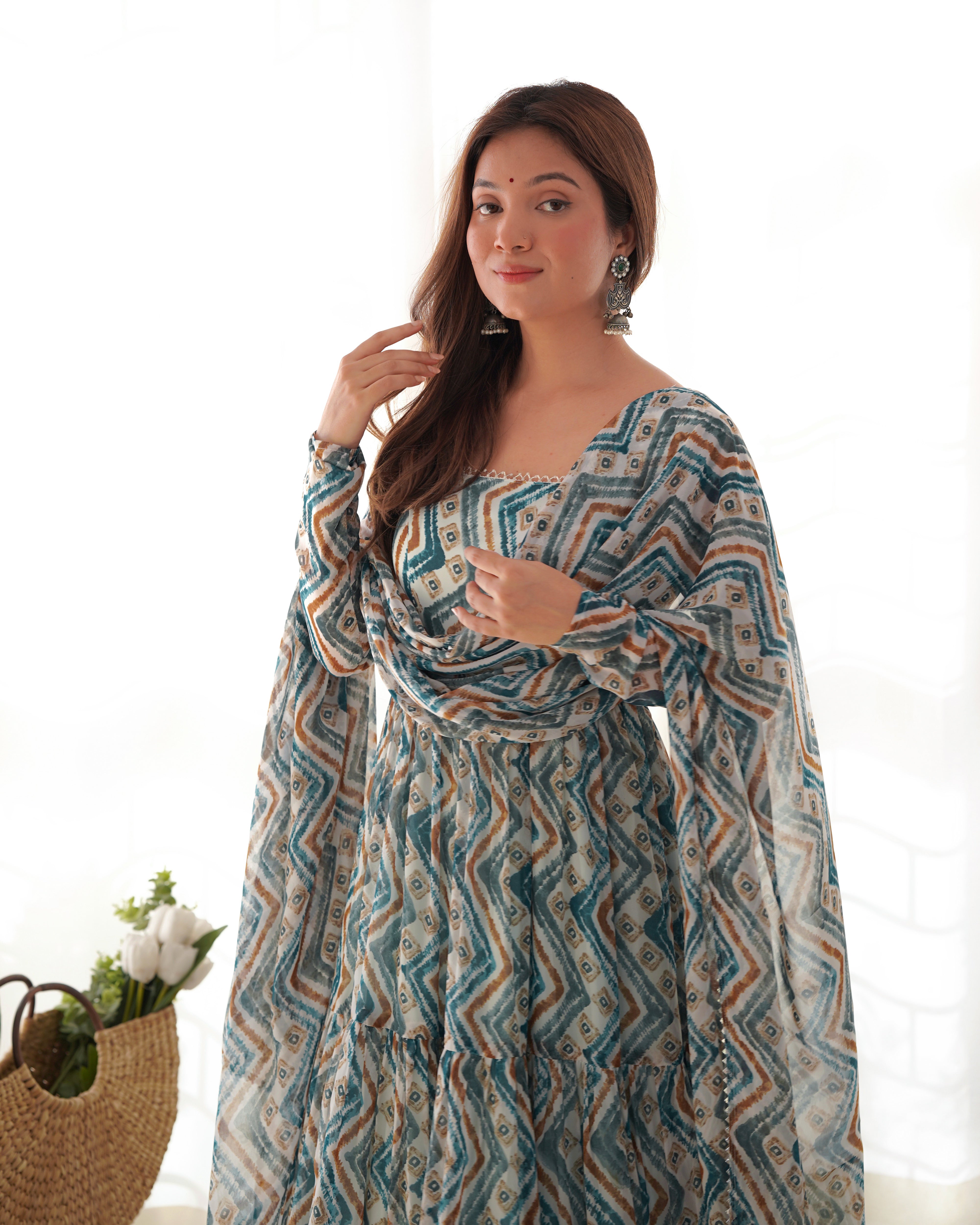 PURE SOFT FOX GEORGETTE ZIGZAG PRINT FABRIC FULLY FLAIR ANARKALI,WITH DUPPTA SET,PENT READY TO WEAR