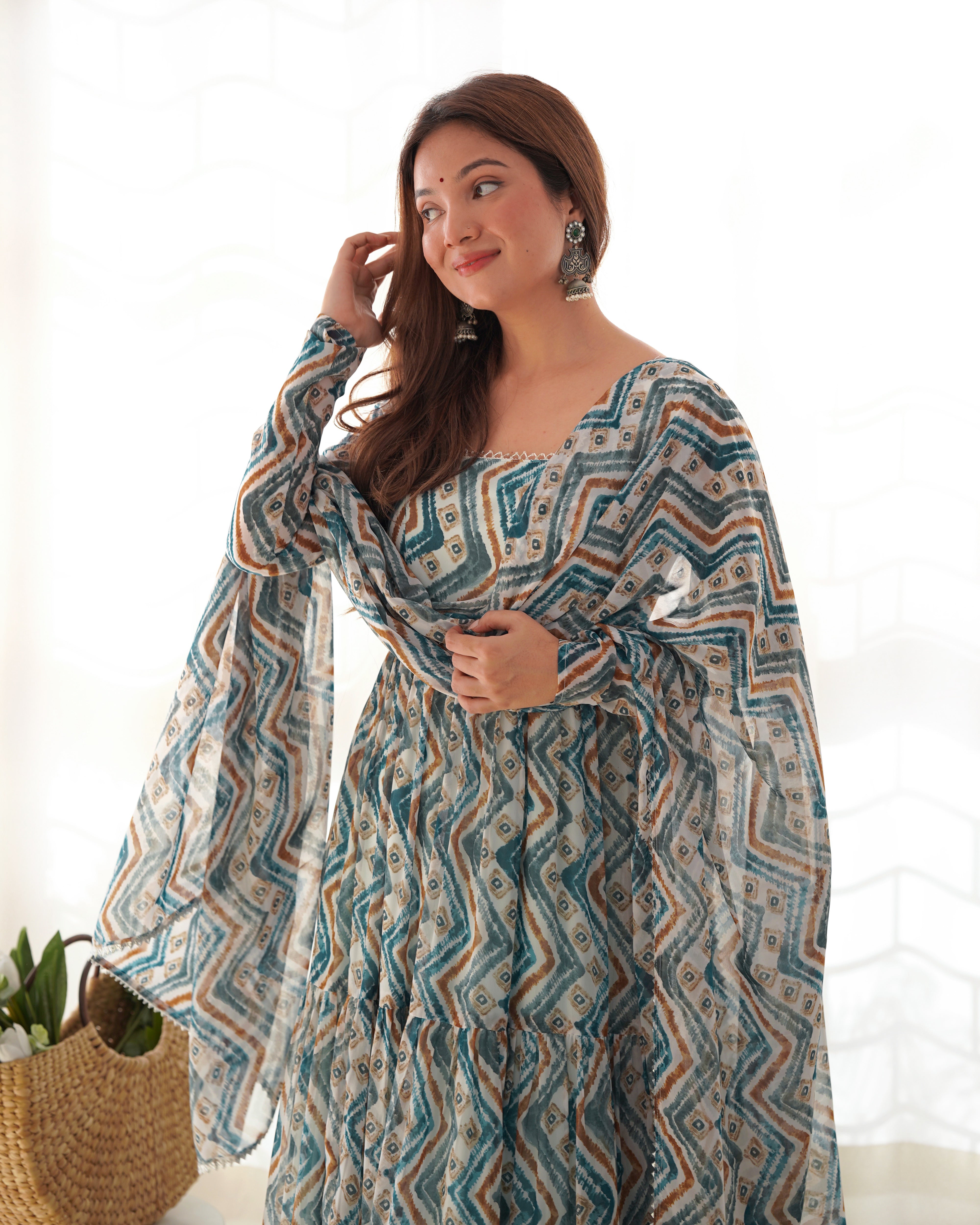 PURE SOFT FOX GEORGETTE ZIGZAG PRINT FABRIC FULLY FLAIR ANARKALI,WITH DUPPTA SET,PENT READY TO WEAR