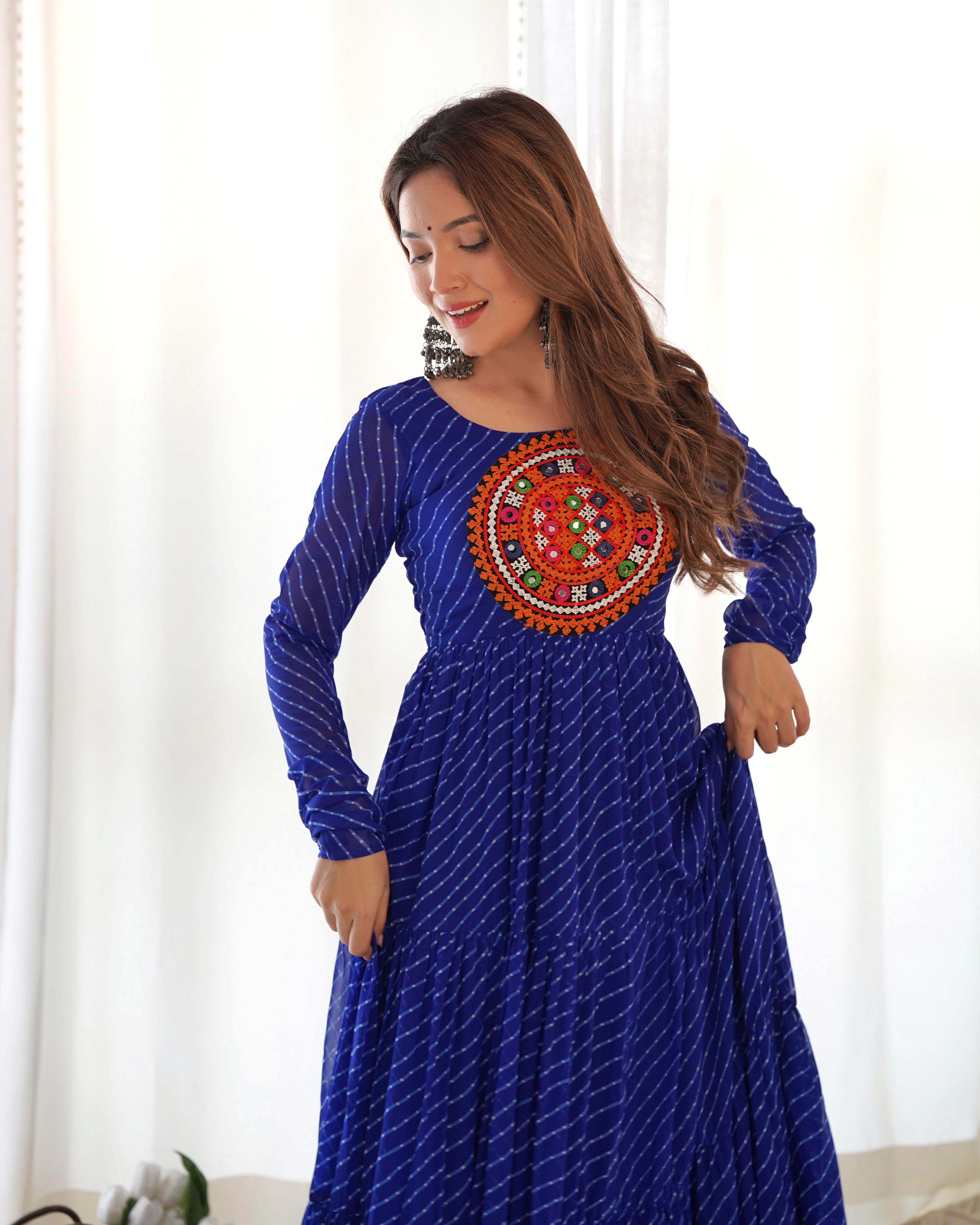 PURE SOFT FOX GEORGETTE LAHERIYA PRINT FABRIC FULLY FLAIR ANARKALI FULLY STTICHED GOWN READY TO WEAR