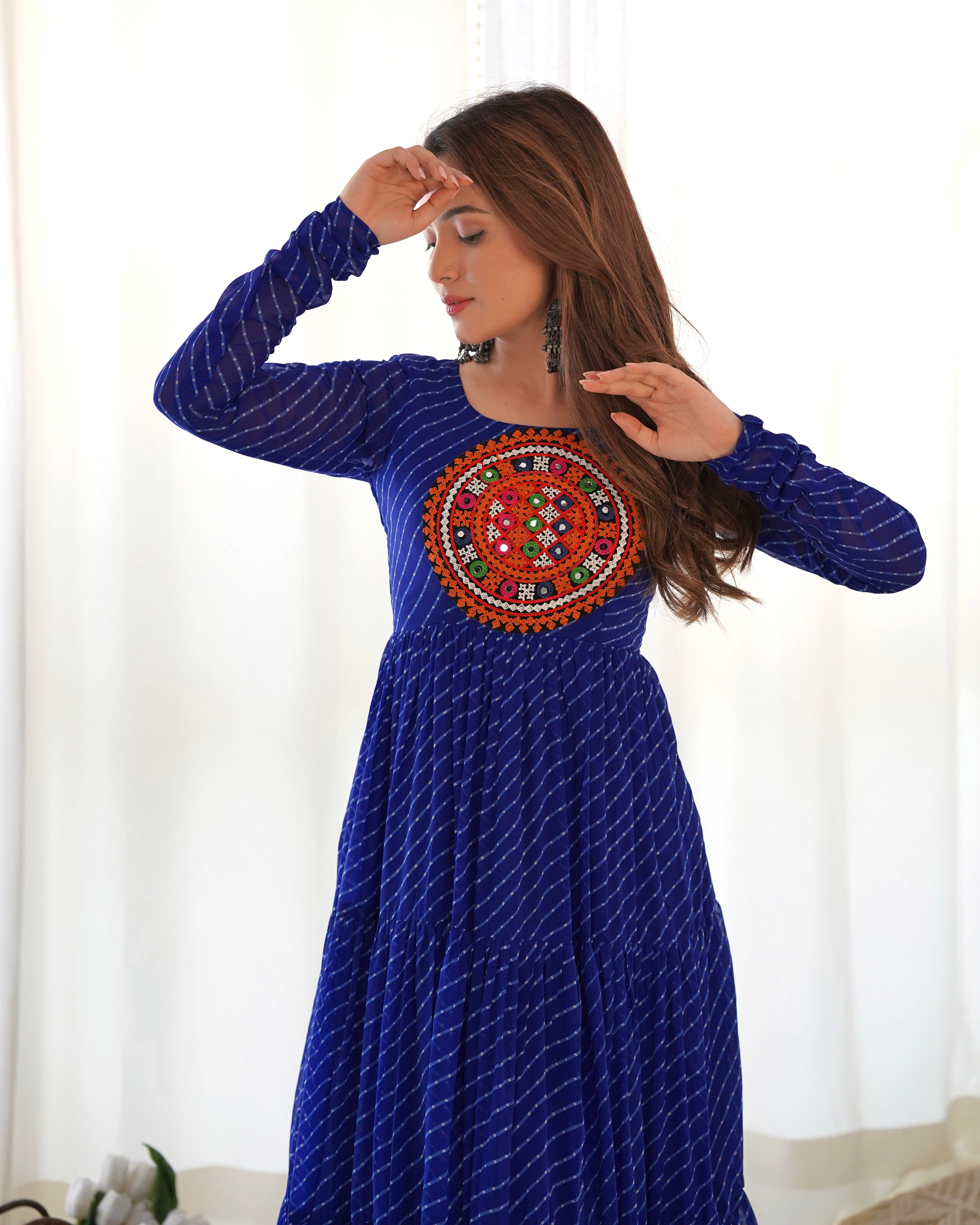 PURE SOFT FOX GEORGETTE LAHERIYA PRINT FABRIC FULLY FLAIR ANARKALI FULLY STTICHED GOWN READY TO WEAR