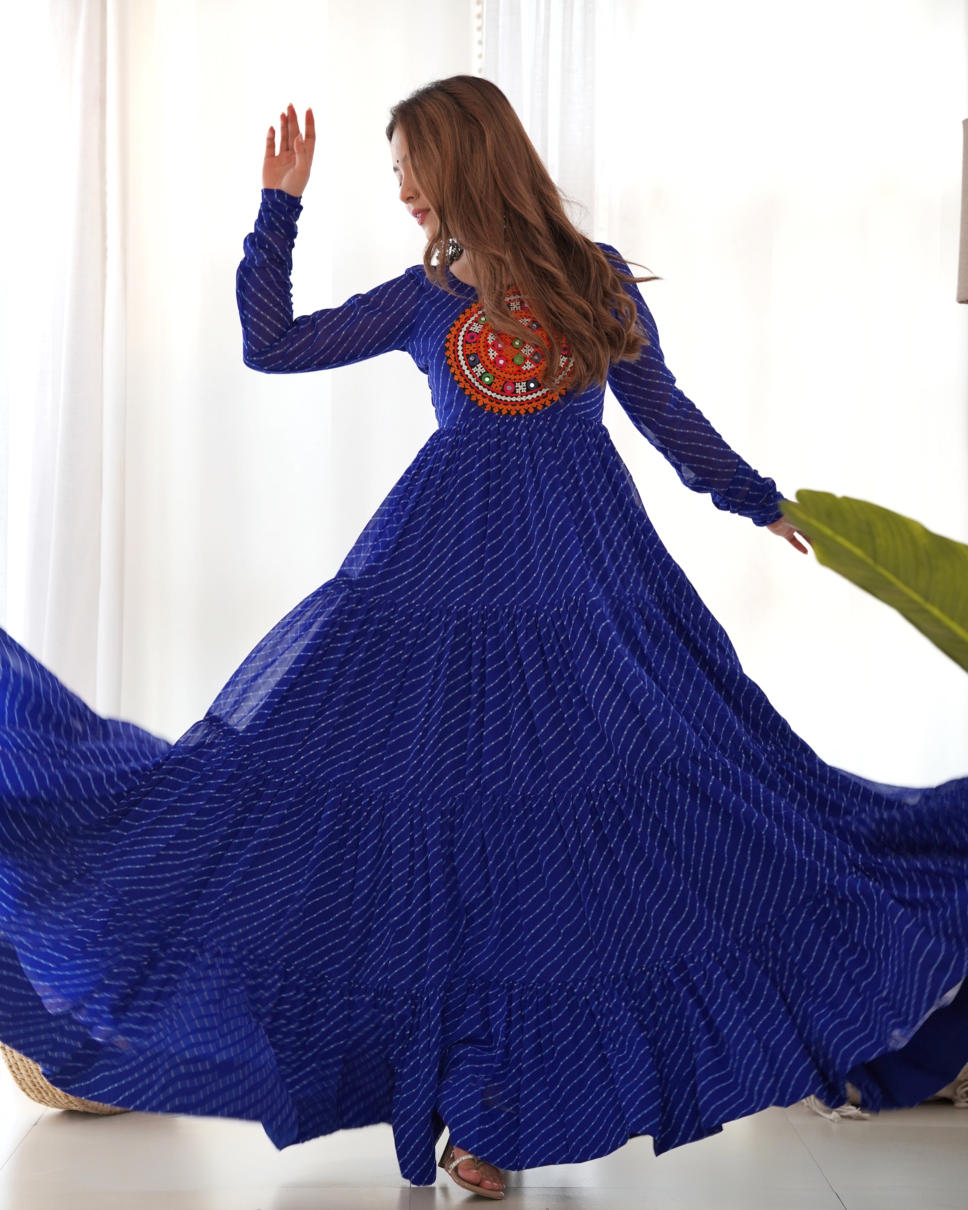 PURE SOFT FOX GEORGETTE LAHERIYA PRINT FABRIC FULLY FLAIR ANARKALI FULLY STTICHED GOWN READY TO WEAR