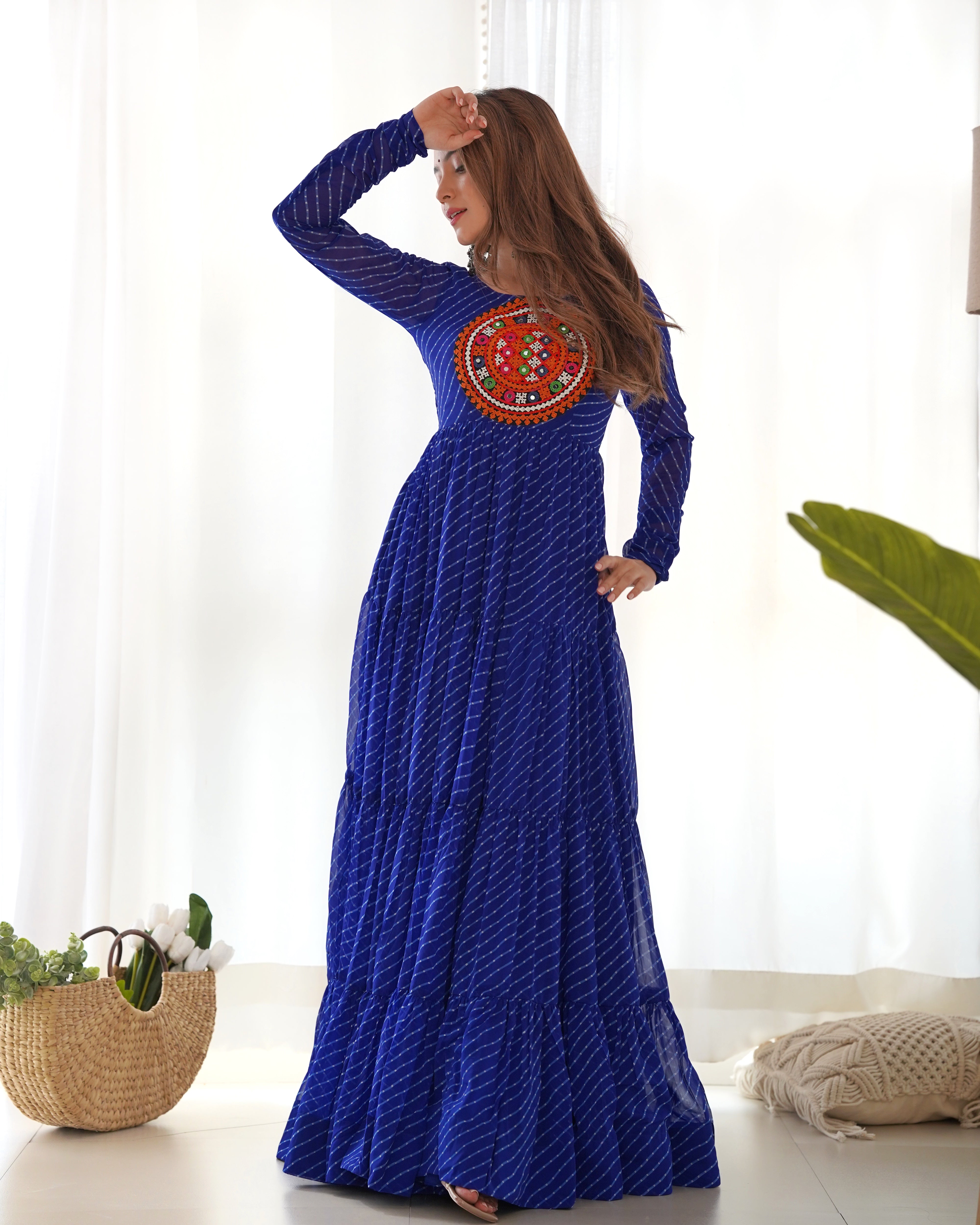 PURE SOFT FOX GEORGETTE LAHERIYA PRINT FABRIC FULLY FLAIR ANARKALI FULLY STTICHED GOWN READY TO WEAR