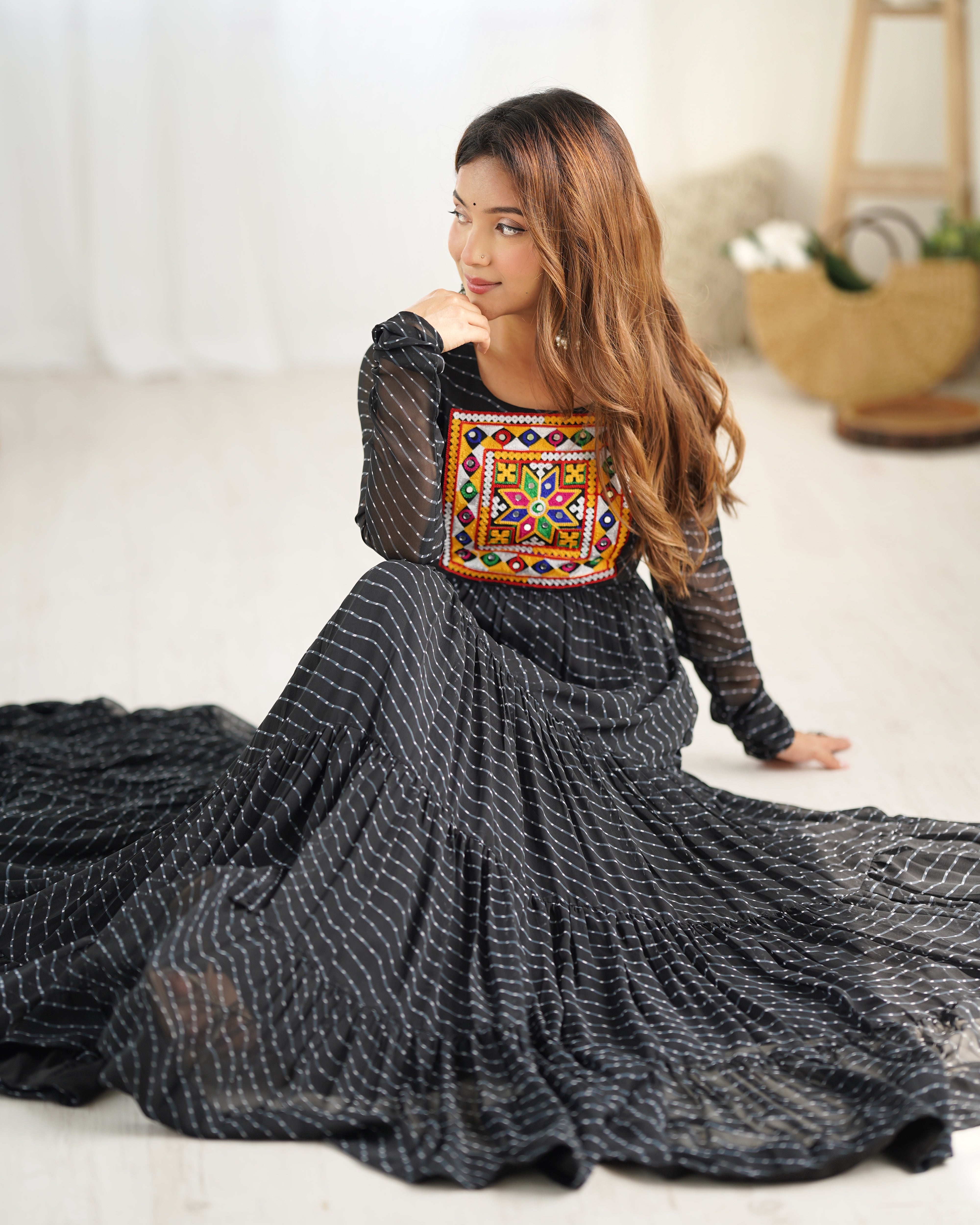 PURE SOFT FOX GEORGETTE LAHERIYA PRINT FABRIC FULLY FLAIR ANARKALI FULLY STTICHED GOWN READY TO WEAR