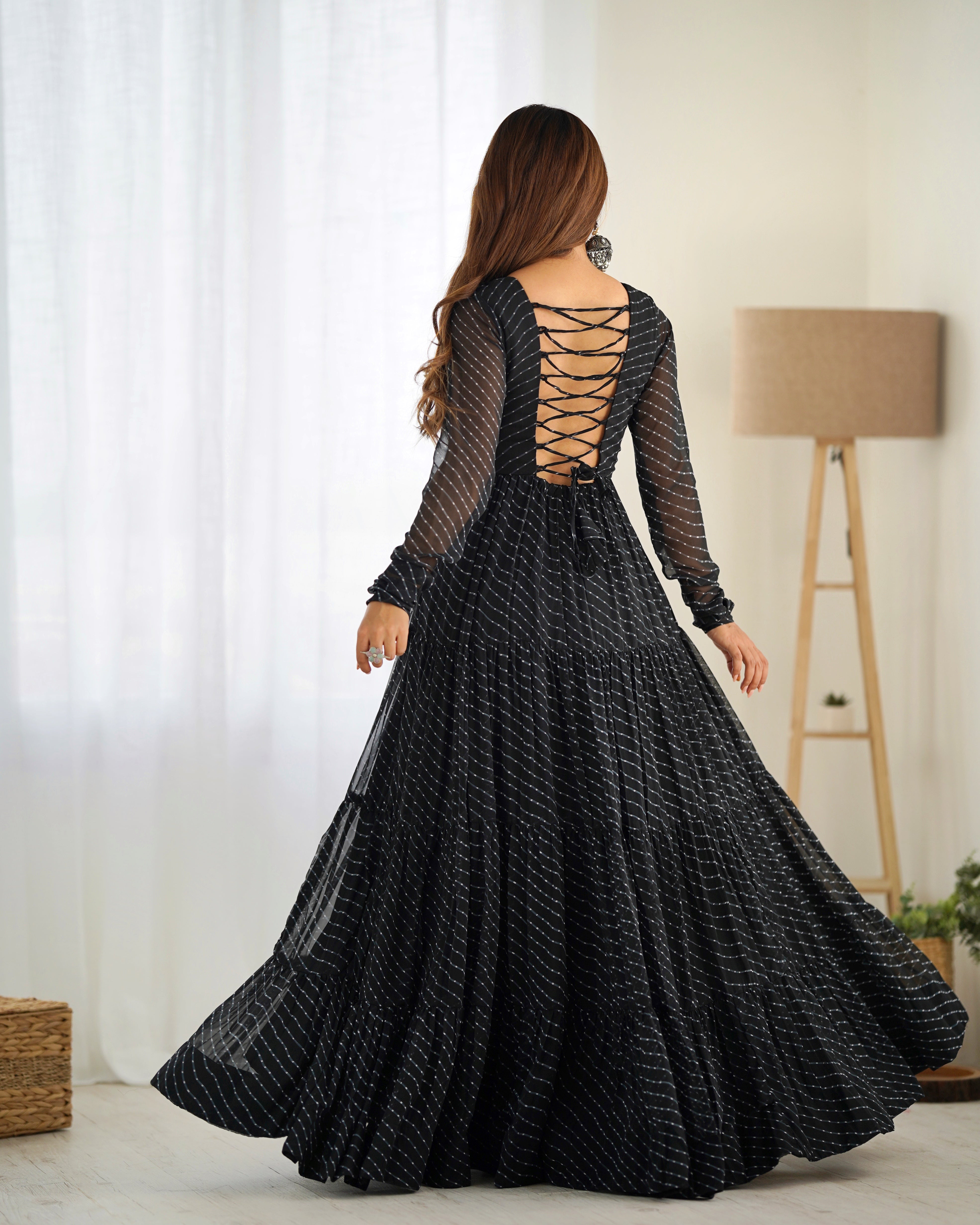 PURE SOFT FOX GEORGETTE LAHERIYA PRINT FABRIC FULLY FLAIR ANARKALI FULLY STTICHED GOWN READY TO WEAR