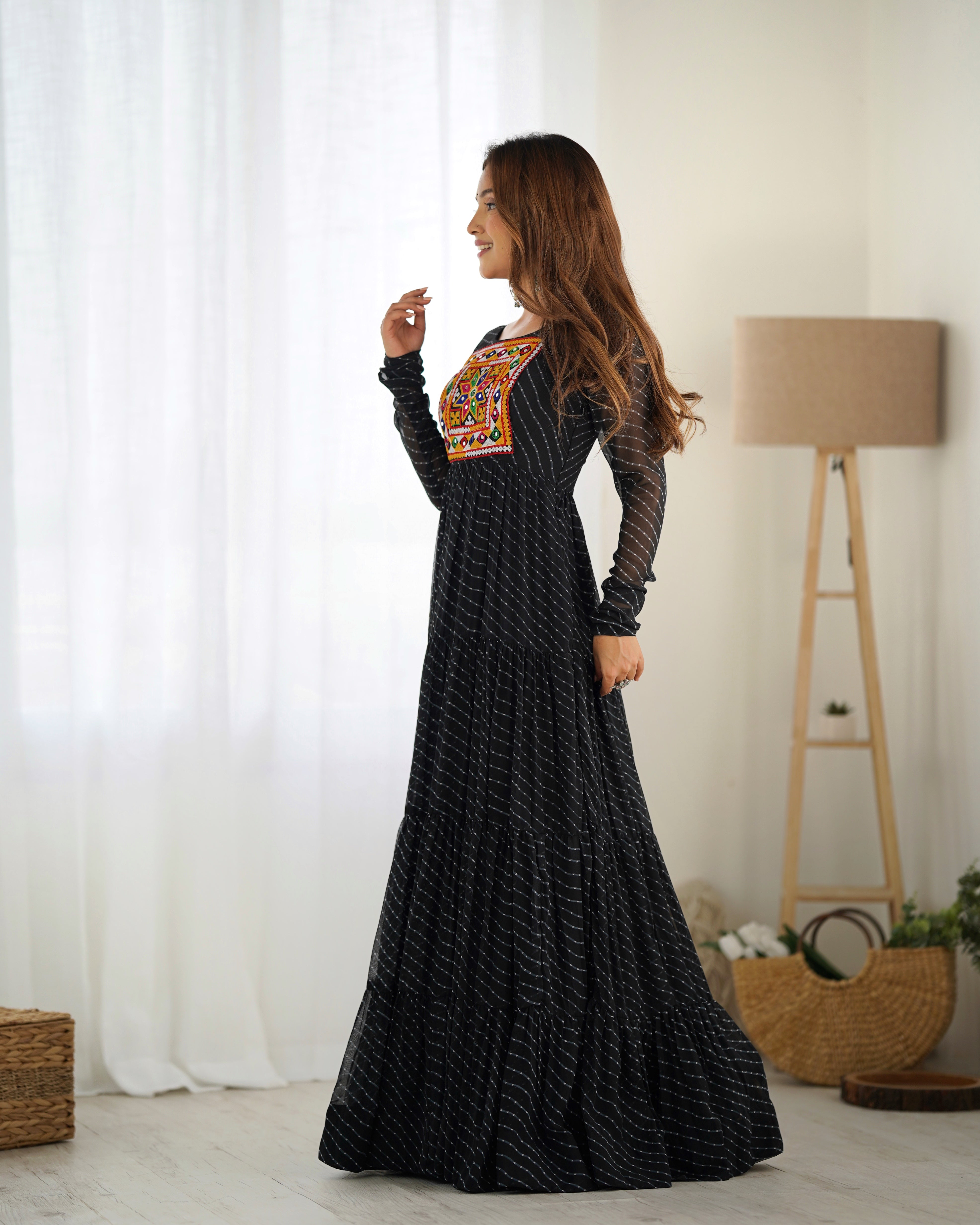 PURE SOFT FOX GEORGETTE LAHERIYA PRINT FABRIC FULLY FLAIR ANARKALI FULLY STTICHED GOWN READY TO WEAR