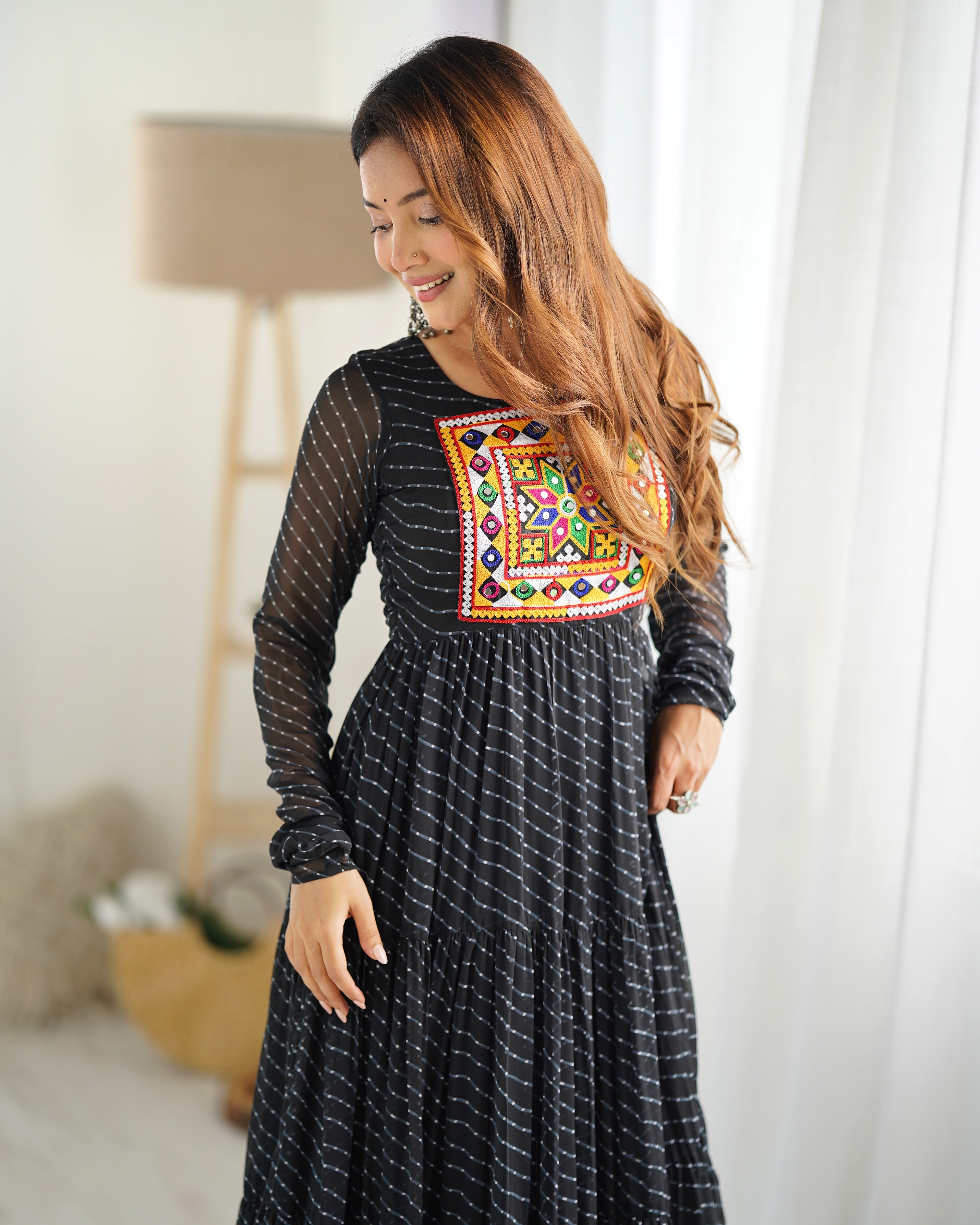 PURE SOFT FOX GEORGETTE LAHERIYA PRINT FABRIC FULLY FLAIR ANARKALI FULLY STTICHED GOWN READY TO WEAR