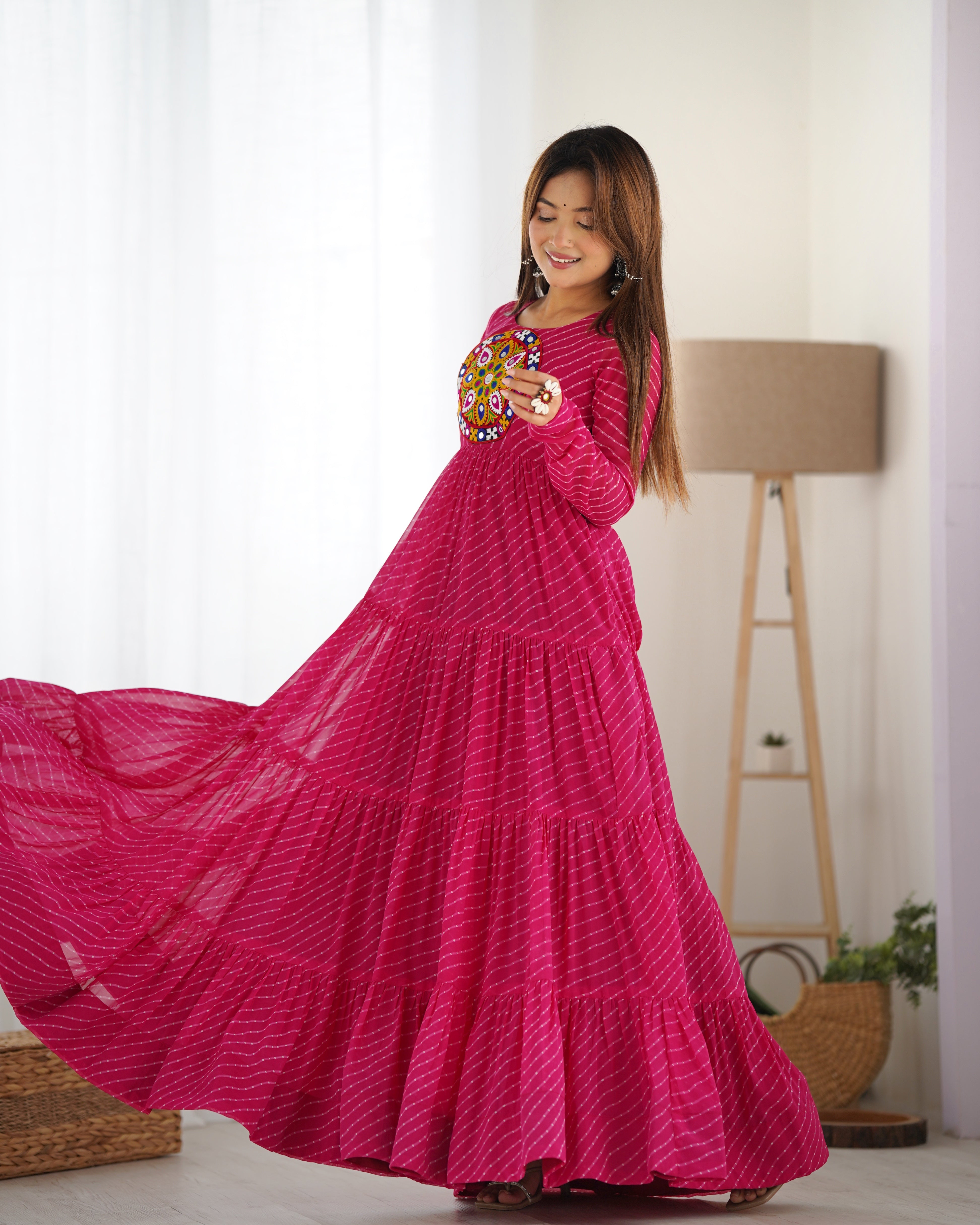 PURE SOFT FOX GEORGETTE LAHERIYA PRINT FABRIC FULLY FLAIR ANARKALI FULLY STTICHED GOWN READY TO WEAR