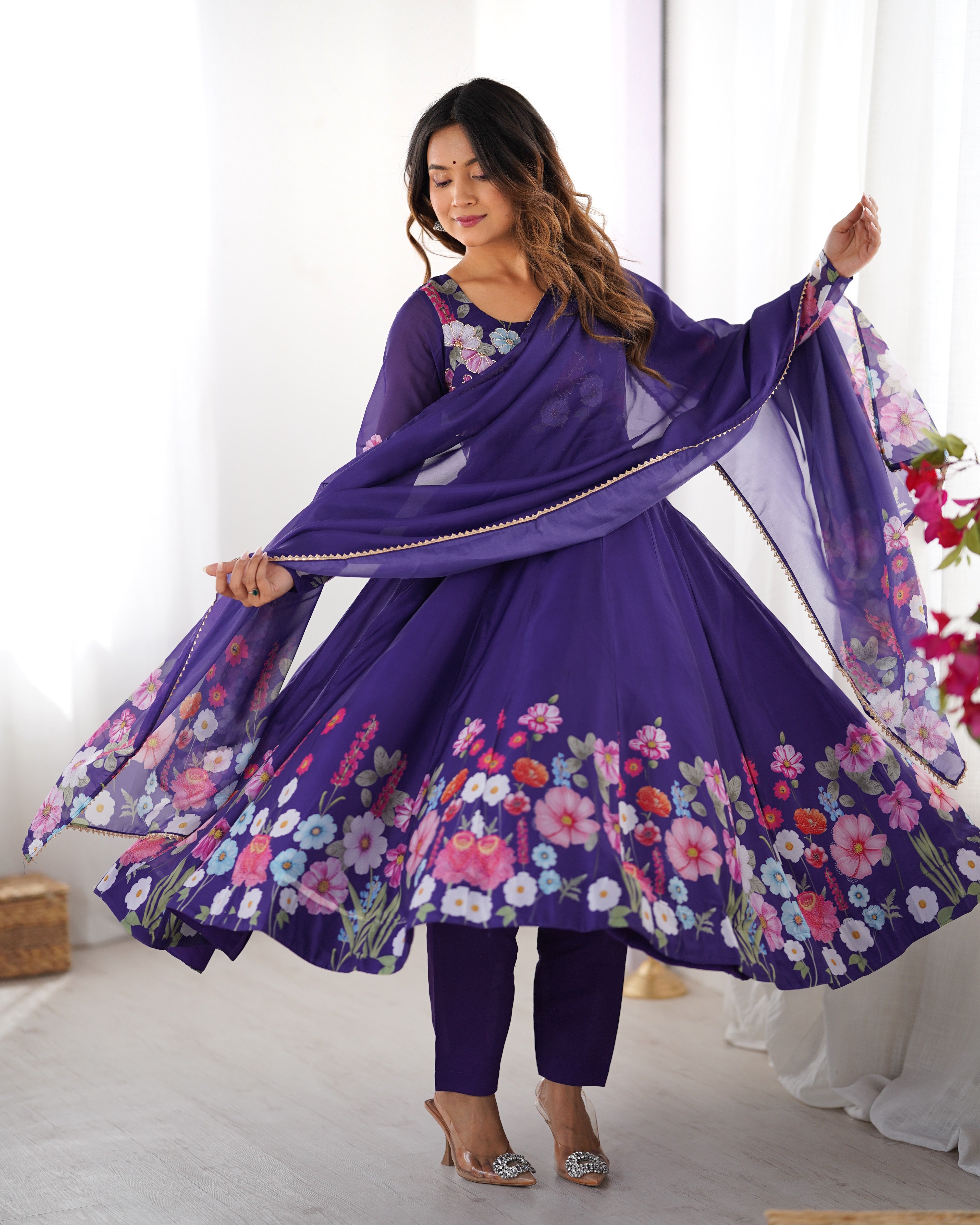 Classic Black Floral Printed Organza Anarkali Suit