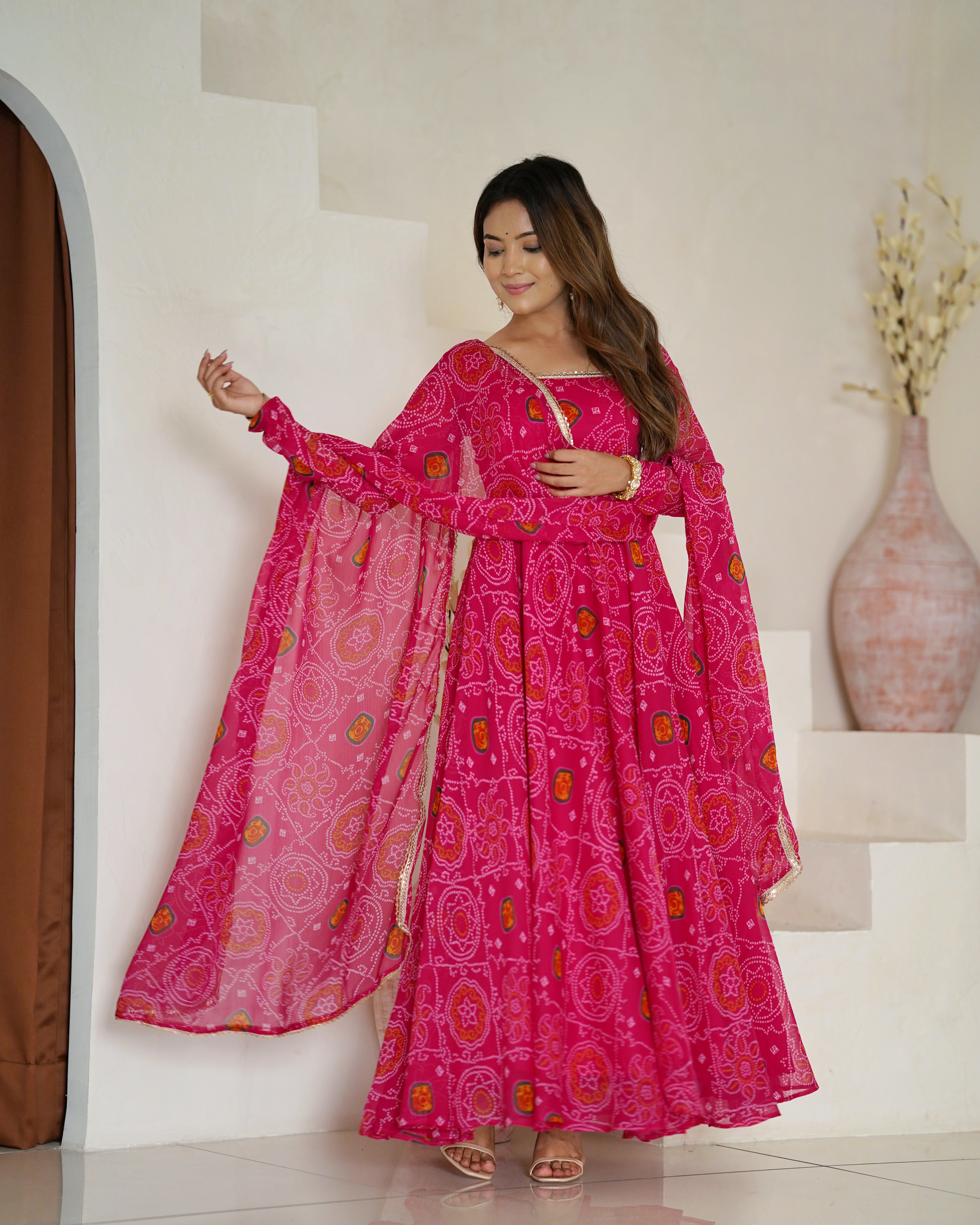 PRESENTING NEW DESIGNER PURE SOFT LIGHTWEIGHT CHIFFON BANDHEJ FULLY FLAIR GOWN,DUPPTA,PENT SET READY TO WEAR FULLY STTICHED