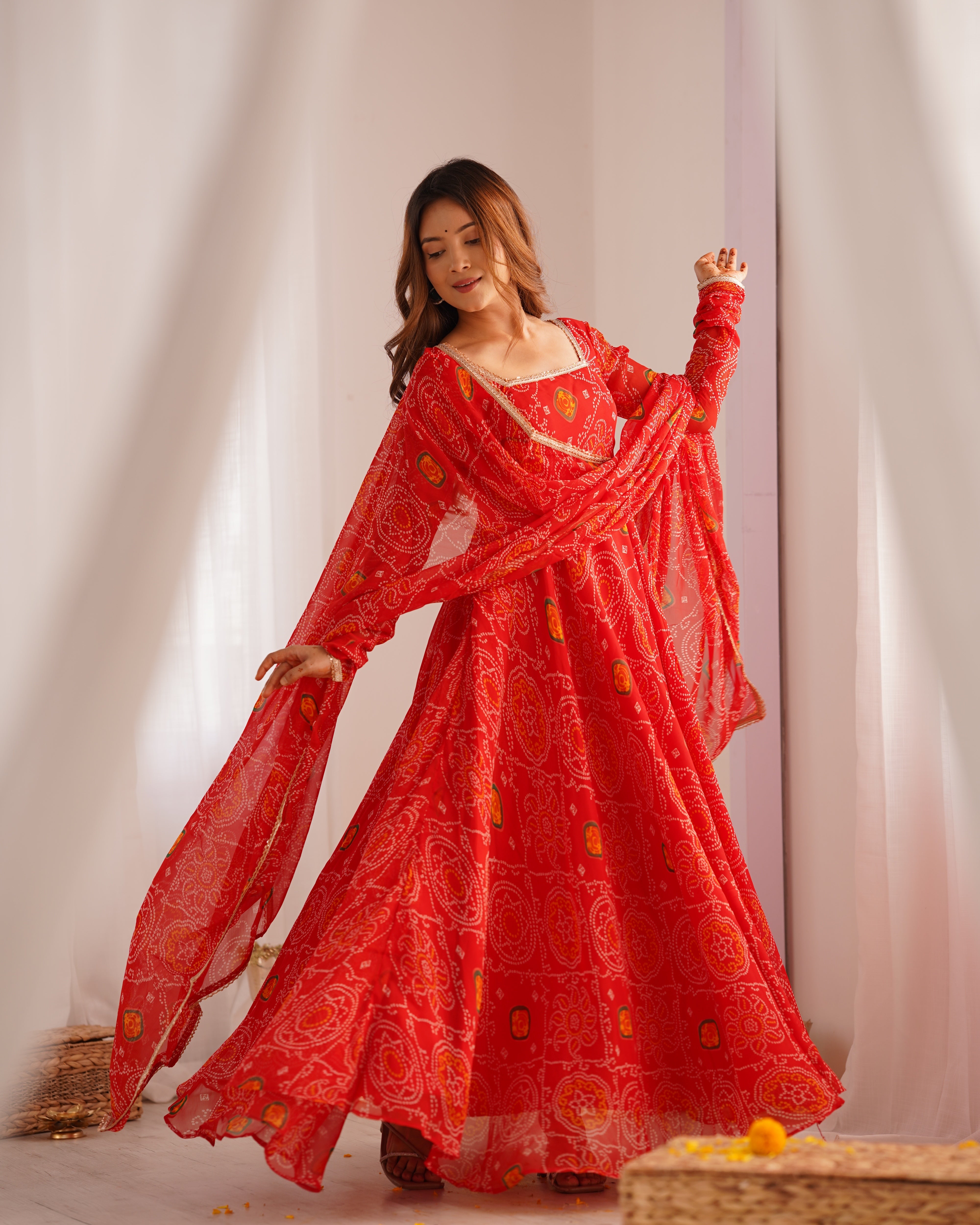 PRESENTING NEW DESIGNER PURE SOFT LIGHTWEIGHT CHIFFON BANDHEJ FULLY FLAIR GOWN,DUPPTA,PENT SET READY TO WEAR FULLY STTICHED