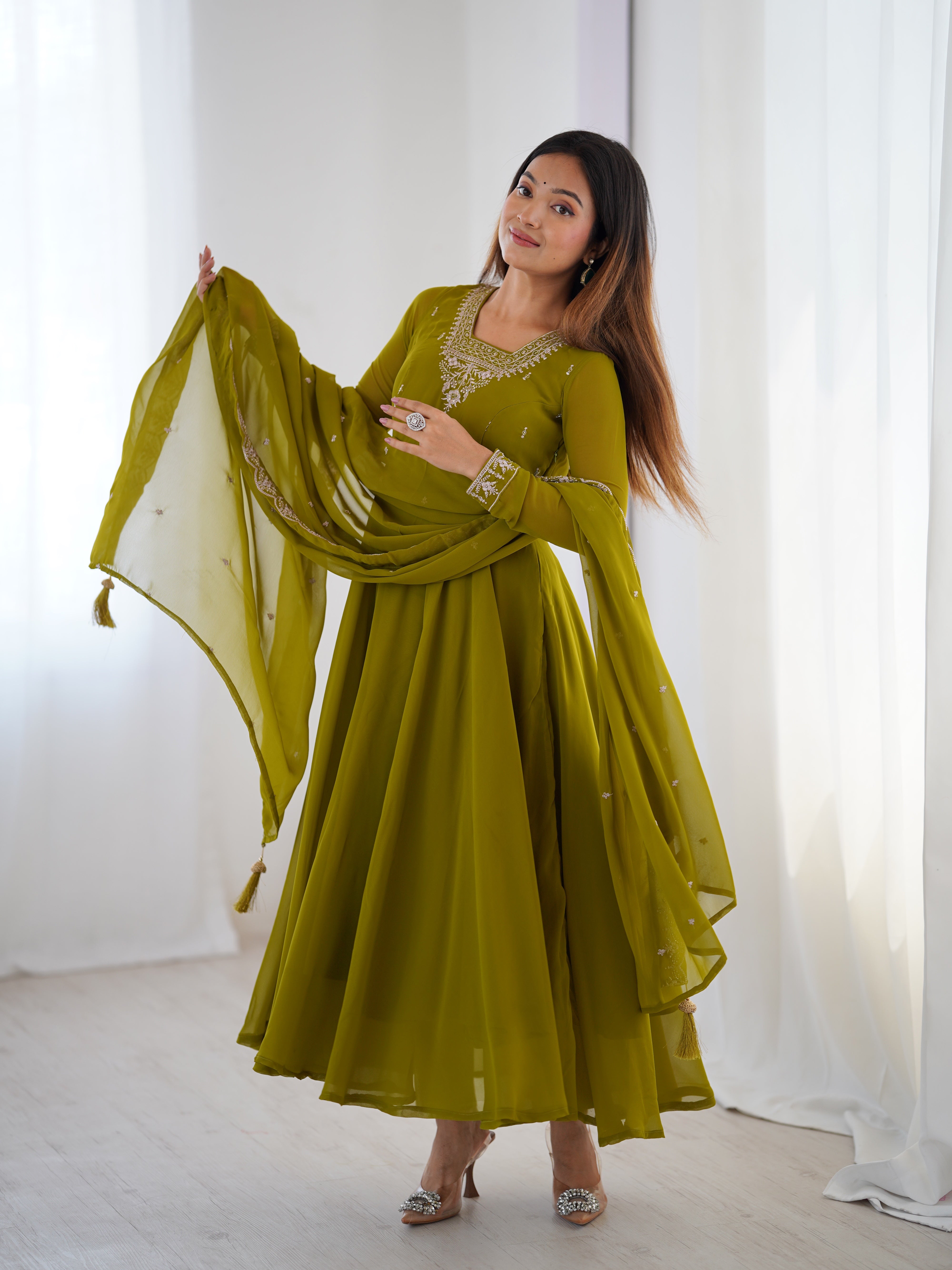 PURE SOFT FOX GEORGETTE FABRIC FULLY FLAIR ANARKALI,WITH DUPPTA SET,PENT READY TO WEAR