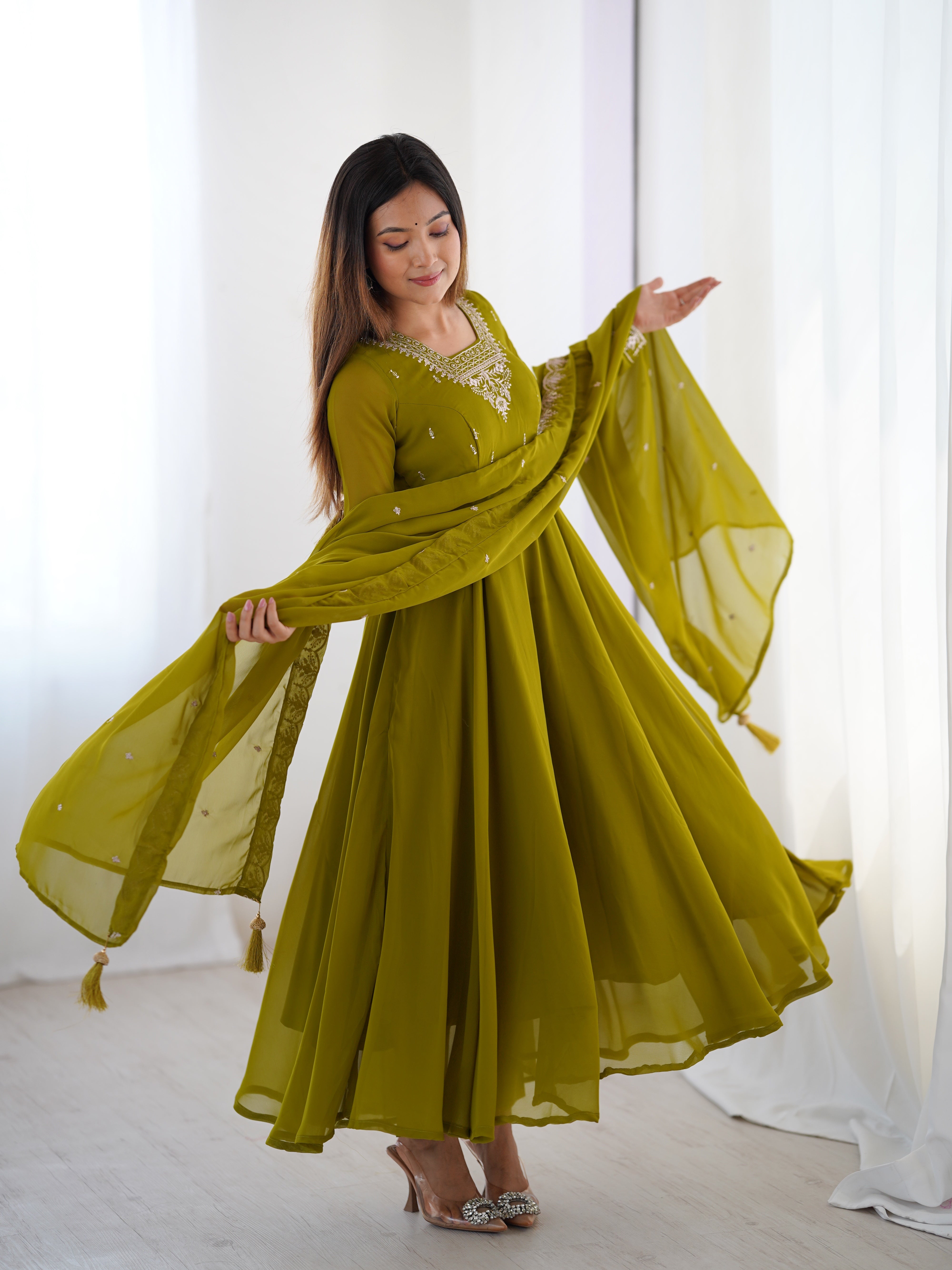 PURE SOFT FOX GEORGETTE FABRIC FULLY FLAIR ANARKALI,WITH DUPPTA SET,PENT READY TO WEAR
