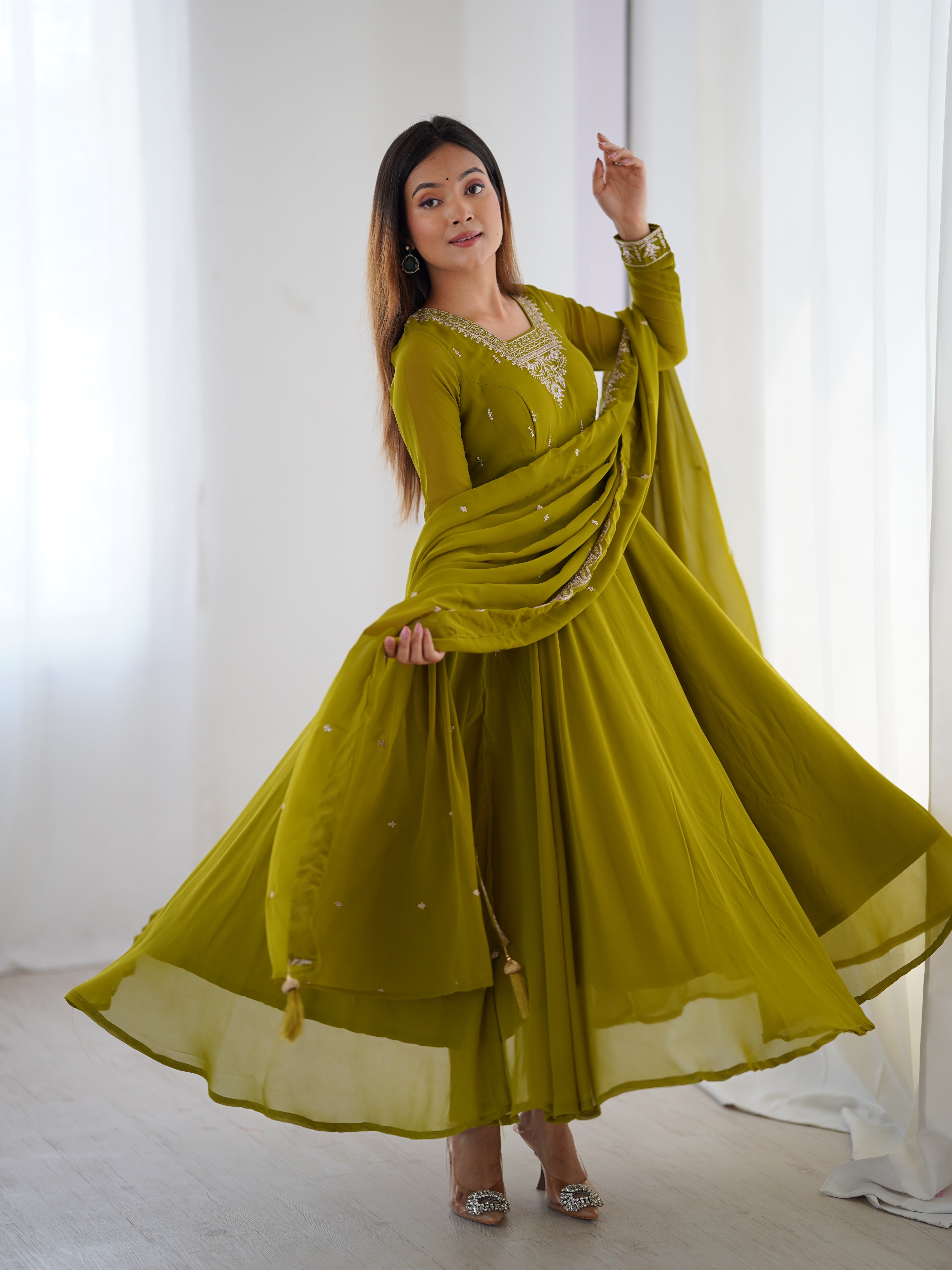 PURE SOFT FOX GEORGETTE FABRIC FULLY FLAIR ANARKALI,WITH DUPPTA SET,PENT READY TO WEAR
