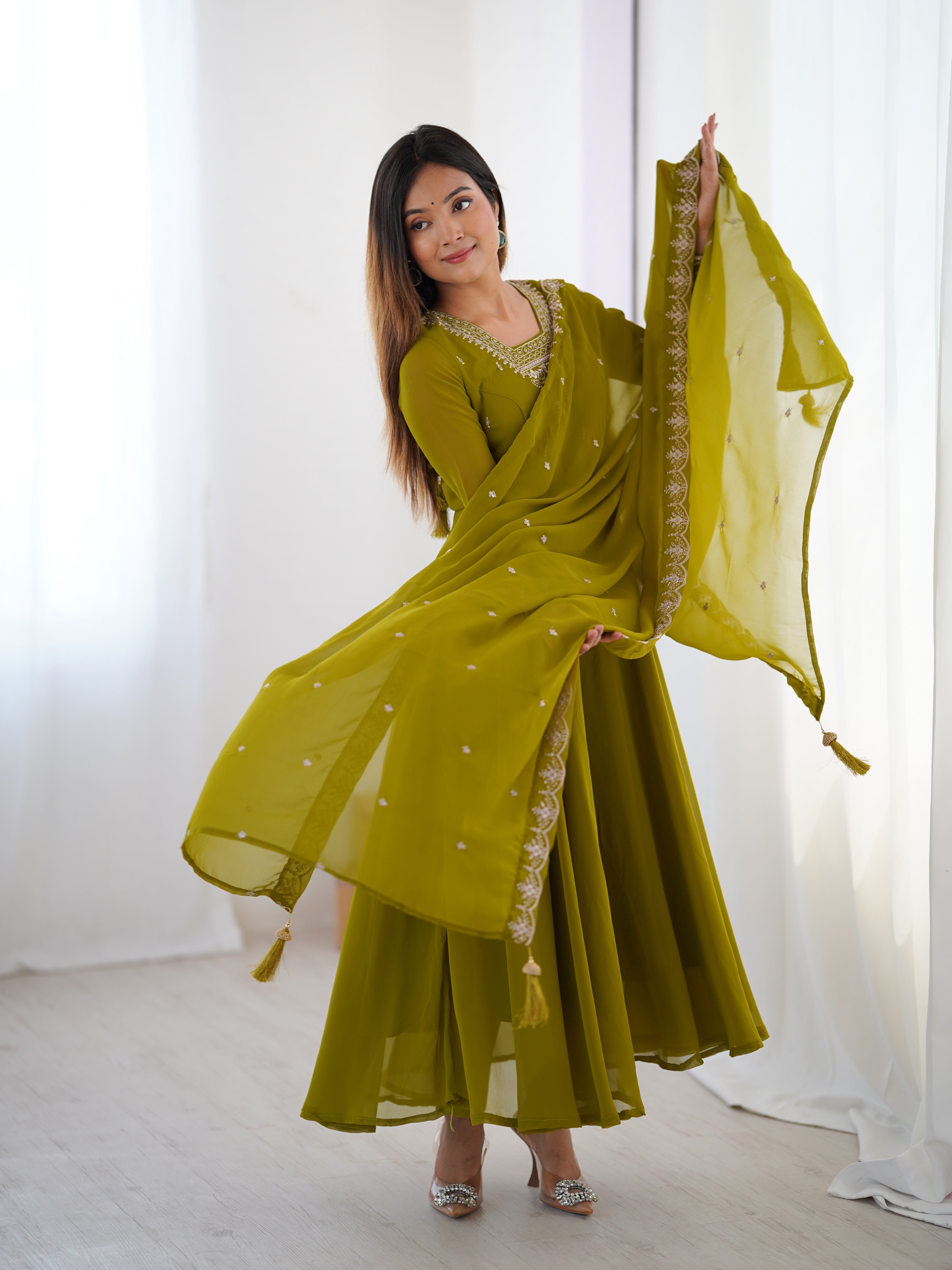 PURE SOFT FOX GEORGETTE FABRIC FULLY FLAIR ANARKALI,WITH DUPPTA SET,PENT READY TO WEAR