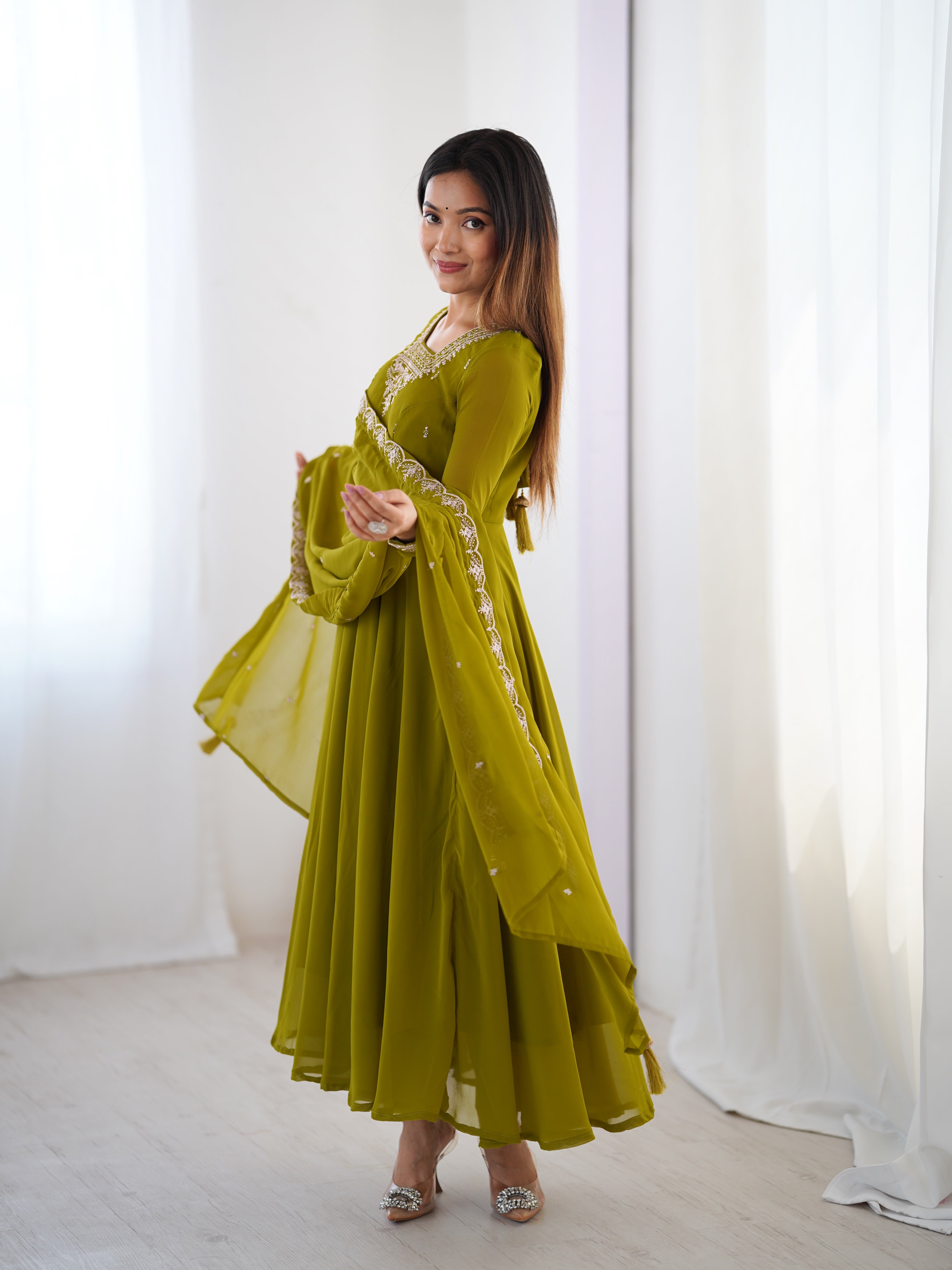 PURE SOFT FOX GEORGETTE FABRIC FULLY FLAIR ANARKALI,WITH DUPPTA SET,PENT READY TO WEAR