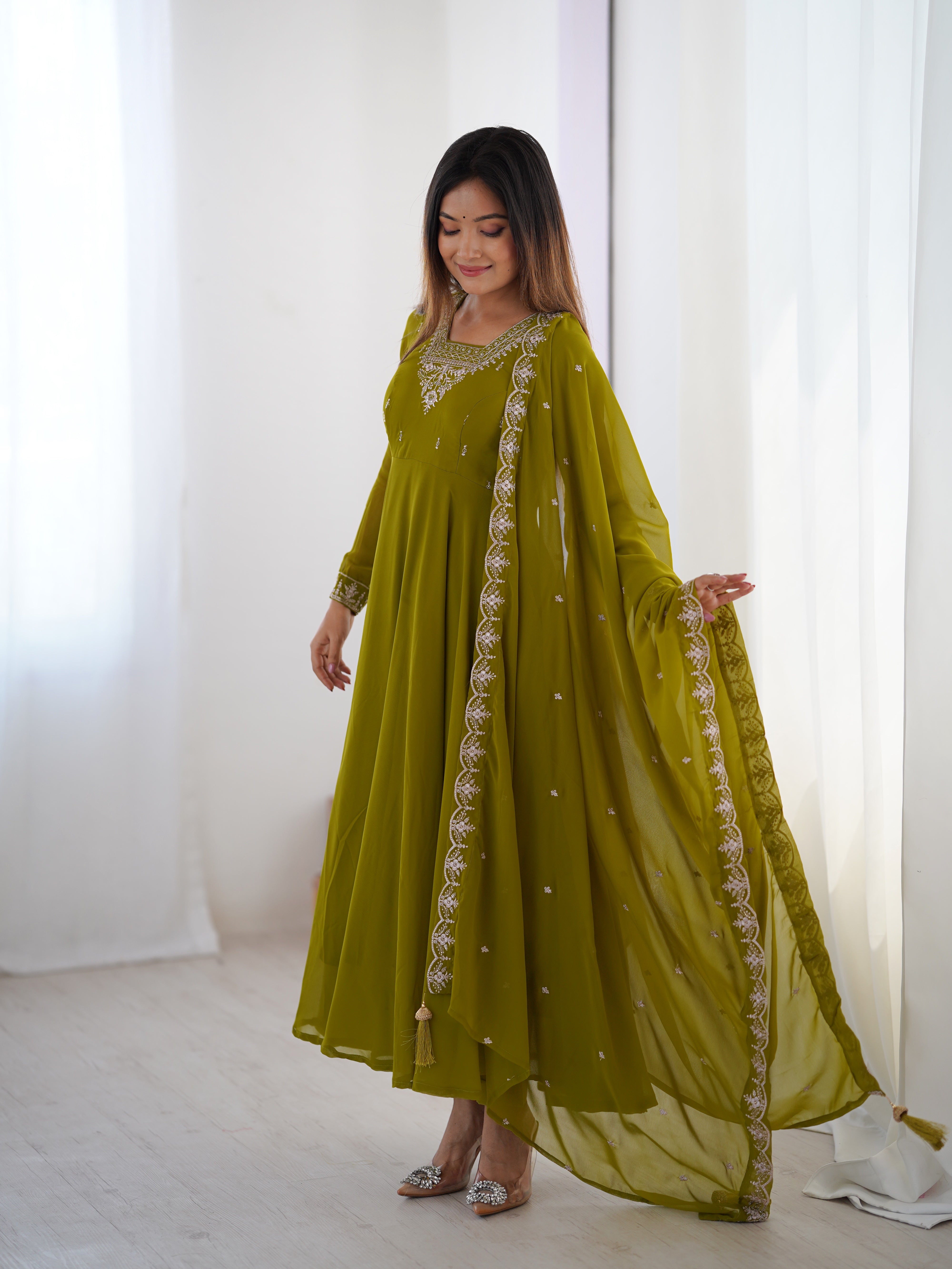 PURE SOFT FOX GEORGETTE FABRIC FULLY FLAIR ANARKALI,WITH DUPPTA SET,PENT READY TO WEAR