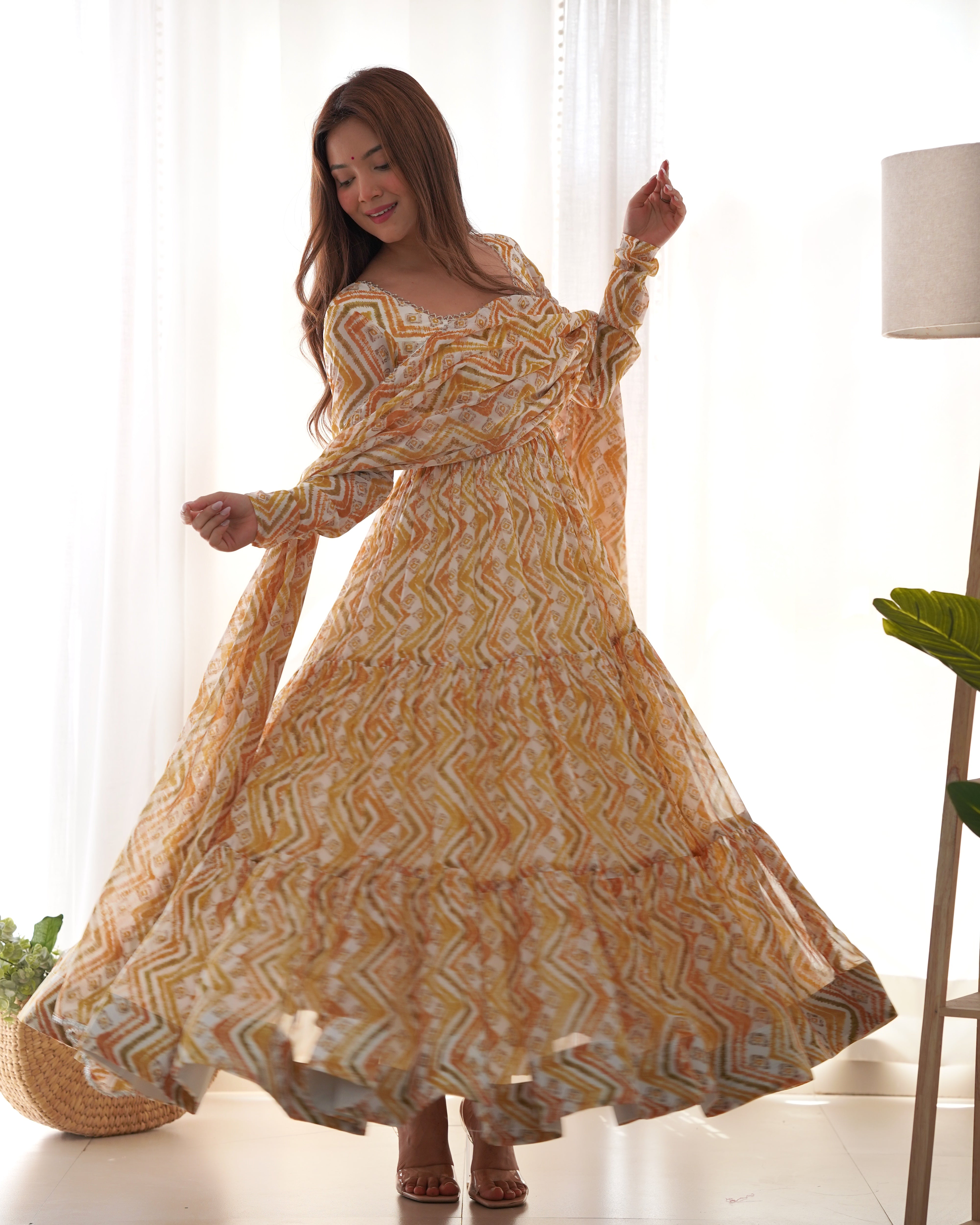 *PURE SOFT FOX GEORGETTE ZIGZAG PRINT FABRIC FULLY FLAIR ANARKALI,WITH DUPPTA SET,PENT READY TO WEAR