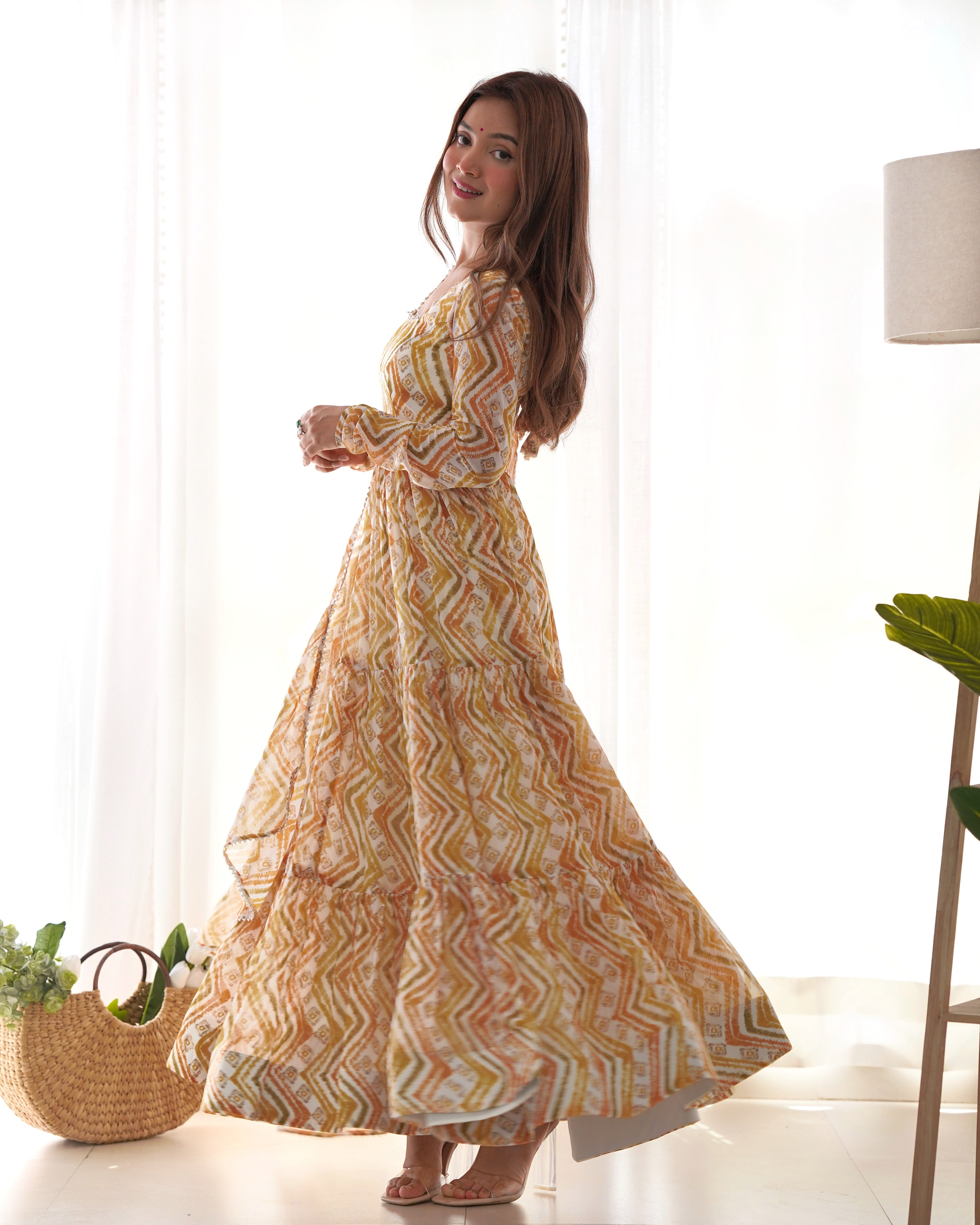 *PURE SOFT FOX GEORGETTE ZIGZAG PRINT FABRIC FULLY FLAIR ANARKALI,WITH DUPPTA SET,PENT READY TO WEAR