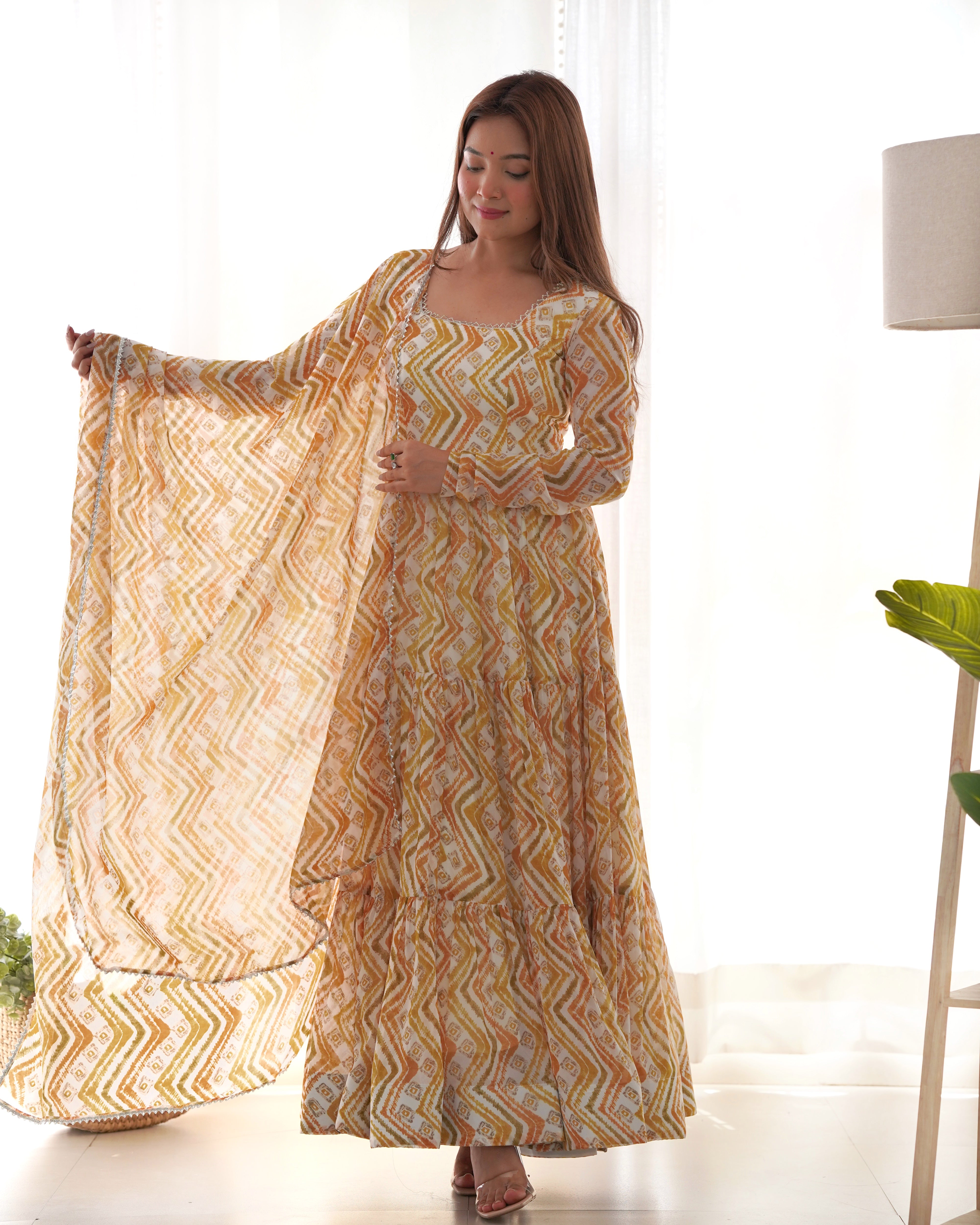 *PURE SOFT FOX GEORGETTE ZIGZAG PRINT FABRIC FULLY FLAIR ANARKALI,WITH DUPPTA SET,PENT READY TO WEAR