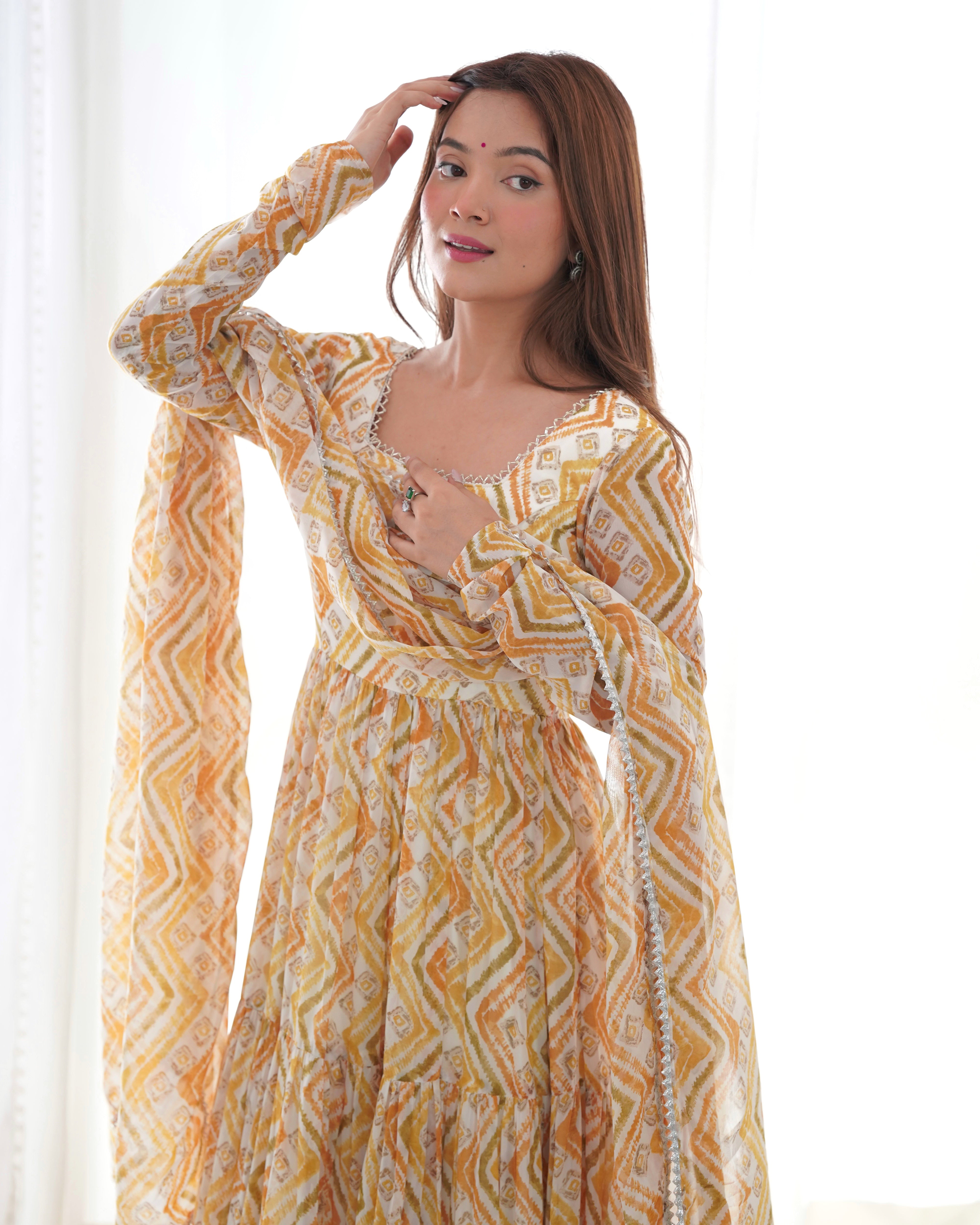 *PURE SOFT FOX GEORGETTE ZIGZAG PRINT FABRIC FULLY FLAIR ANARKALI,WITH DUPPTA SET,PENT READY TO WEAR