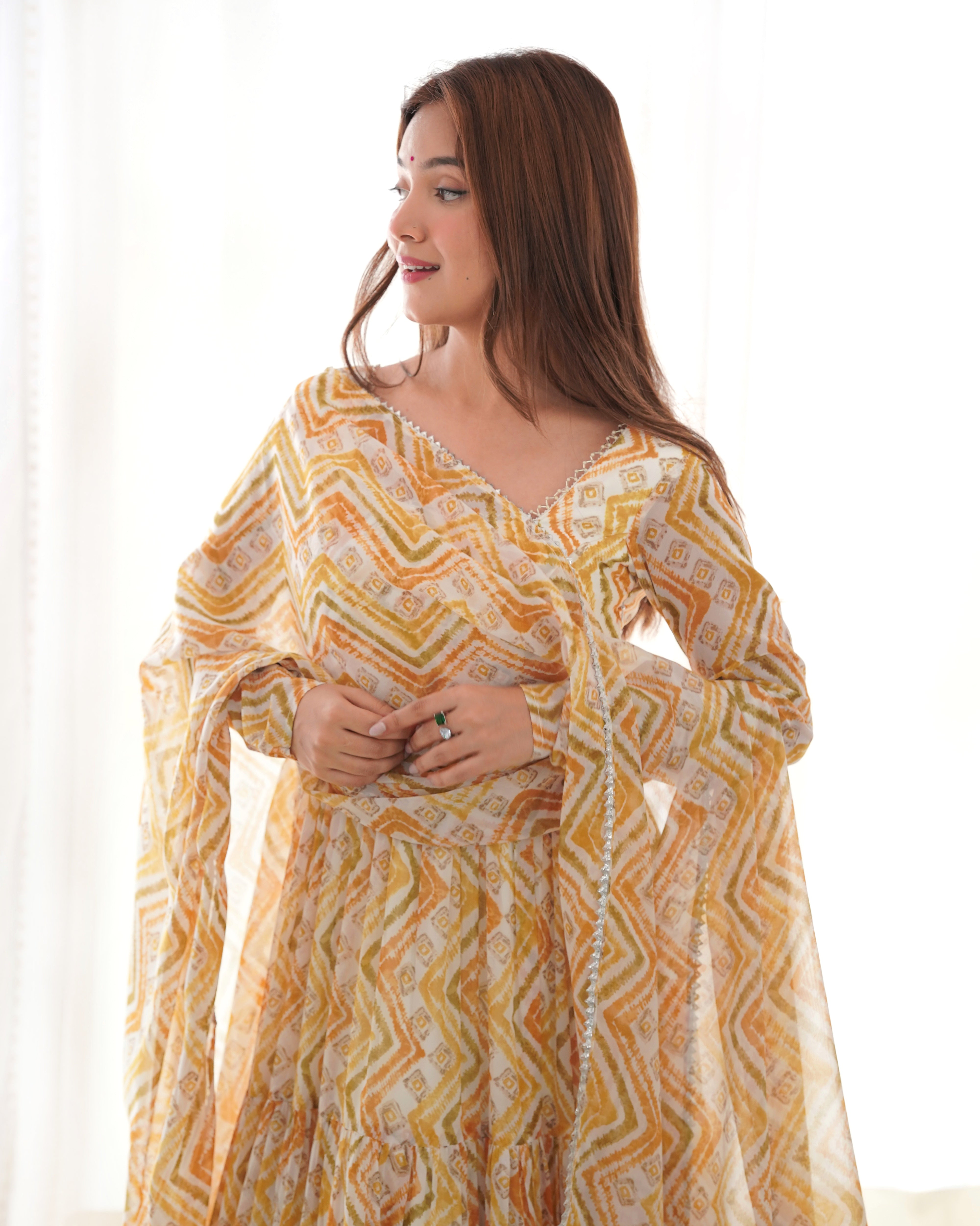 *PURE SOFT FOX GEORGETTE ZIGZAG PRINT FABRIC FULLY FLAIR ANARKALI,WITH DUPPTA SET,PENT READY TO WEAR