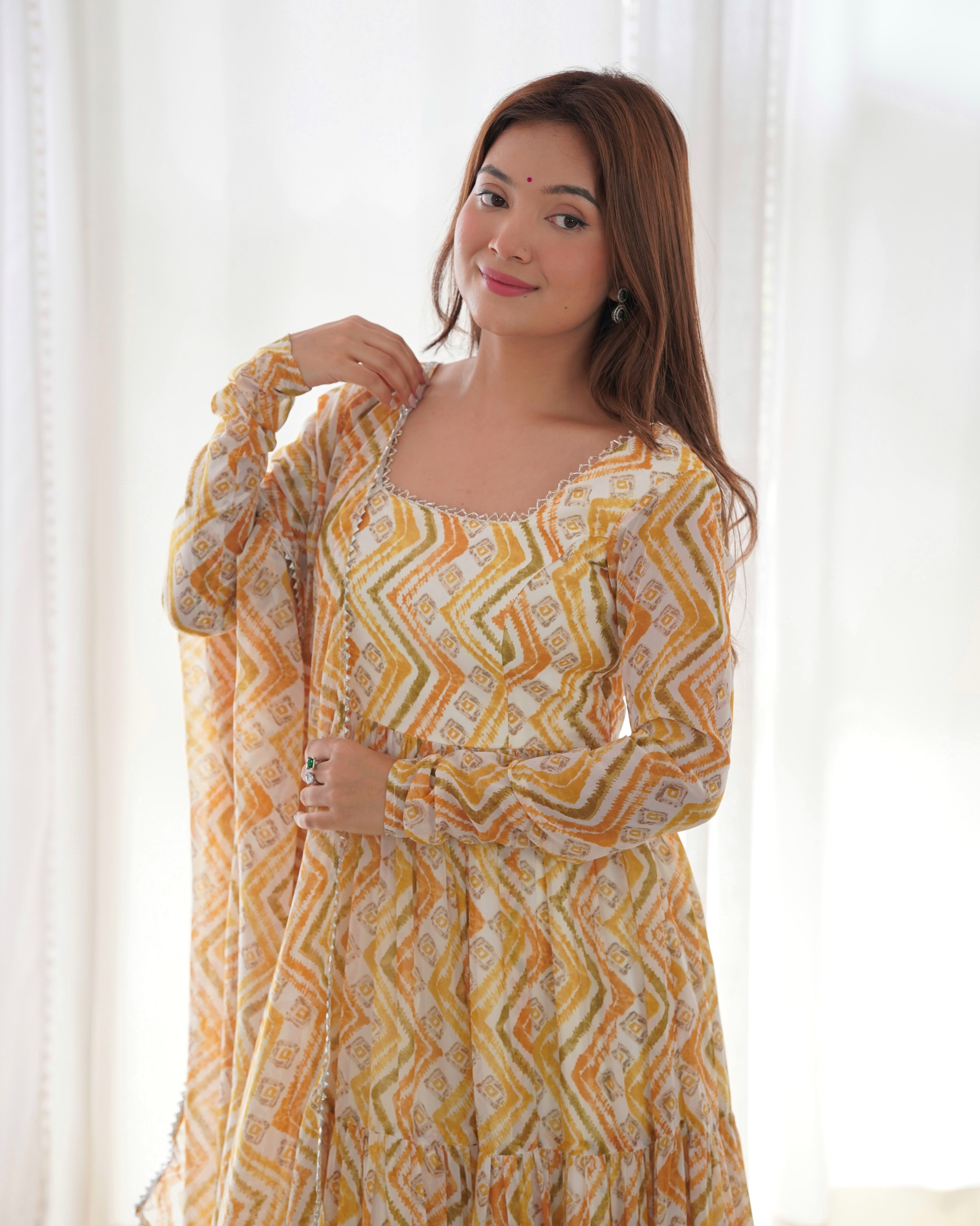 *PURE SOFT FOX GEORGETTE ZIGZAG PRINT FABRIC FULLY FLAIR ANARKALI,WITH DUPPTA SET,PENT READY TO WEAR
