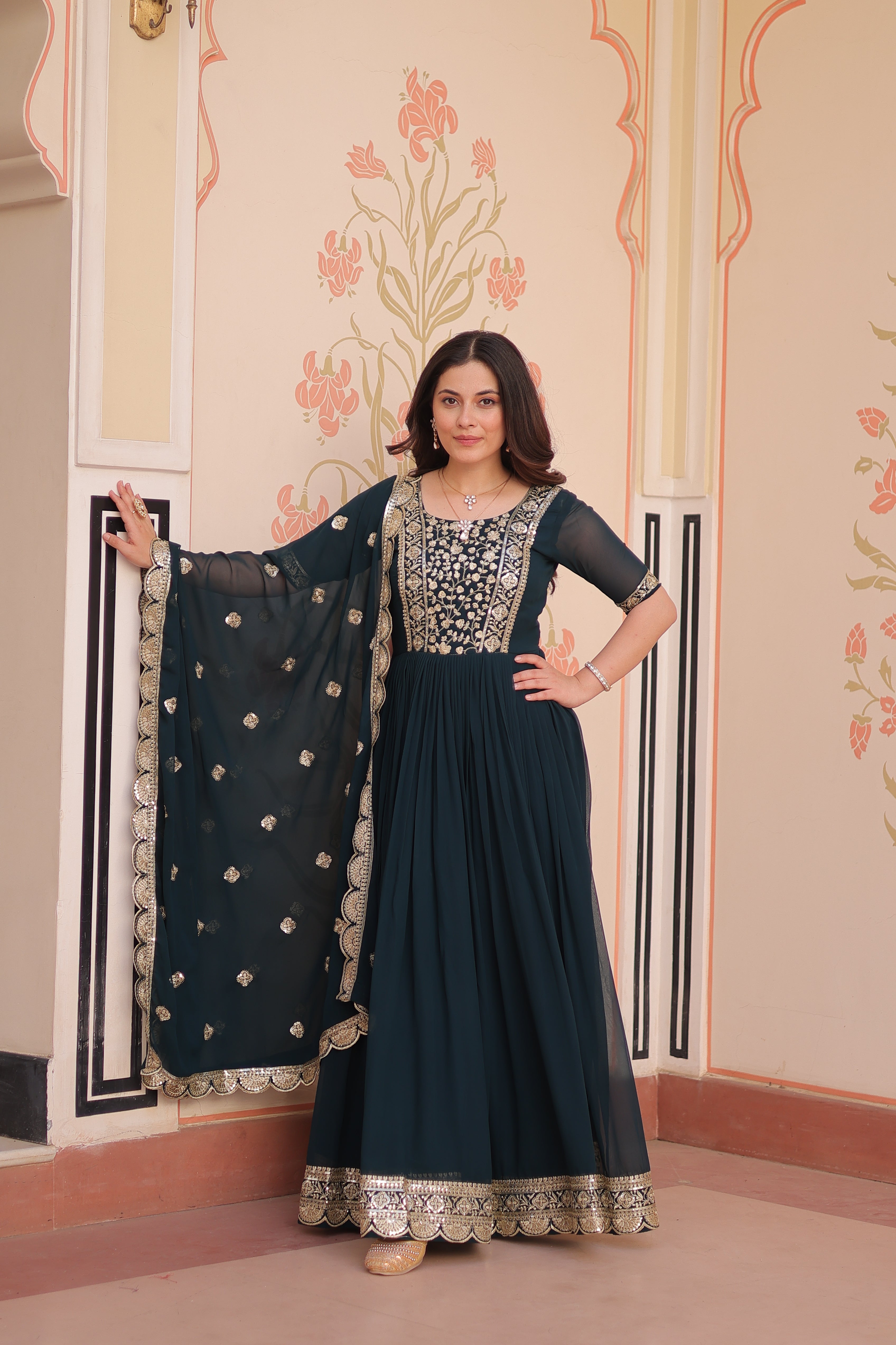 Embroidered Anarkali Gown with Dupatta