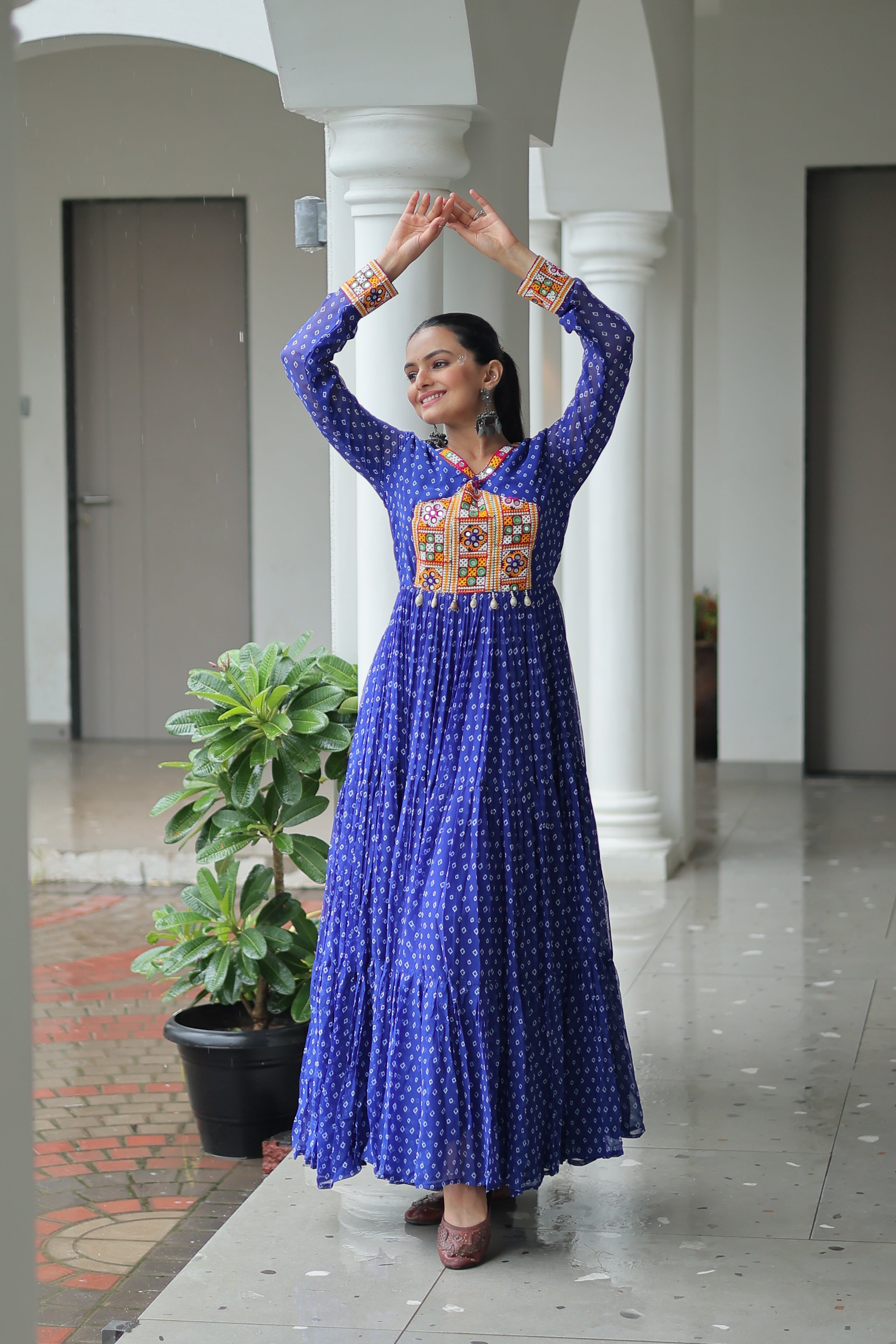 Bandhani Print Anarkali Gown with Mirror Work Yoke