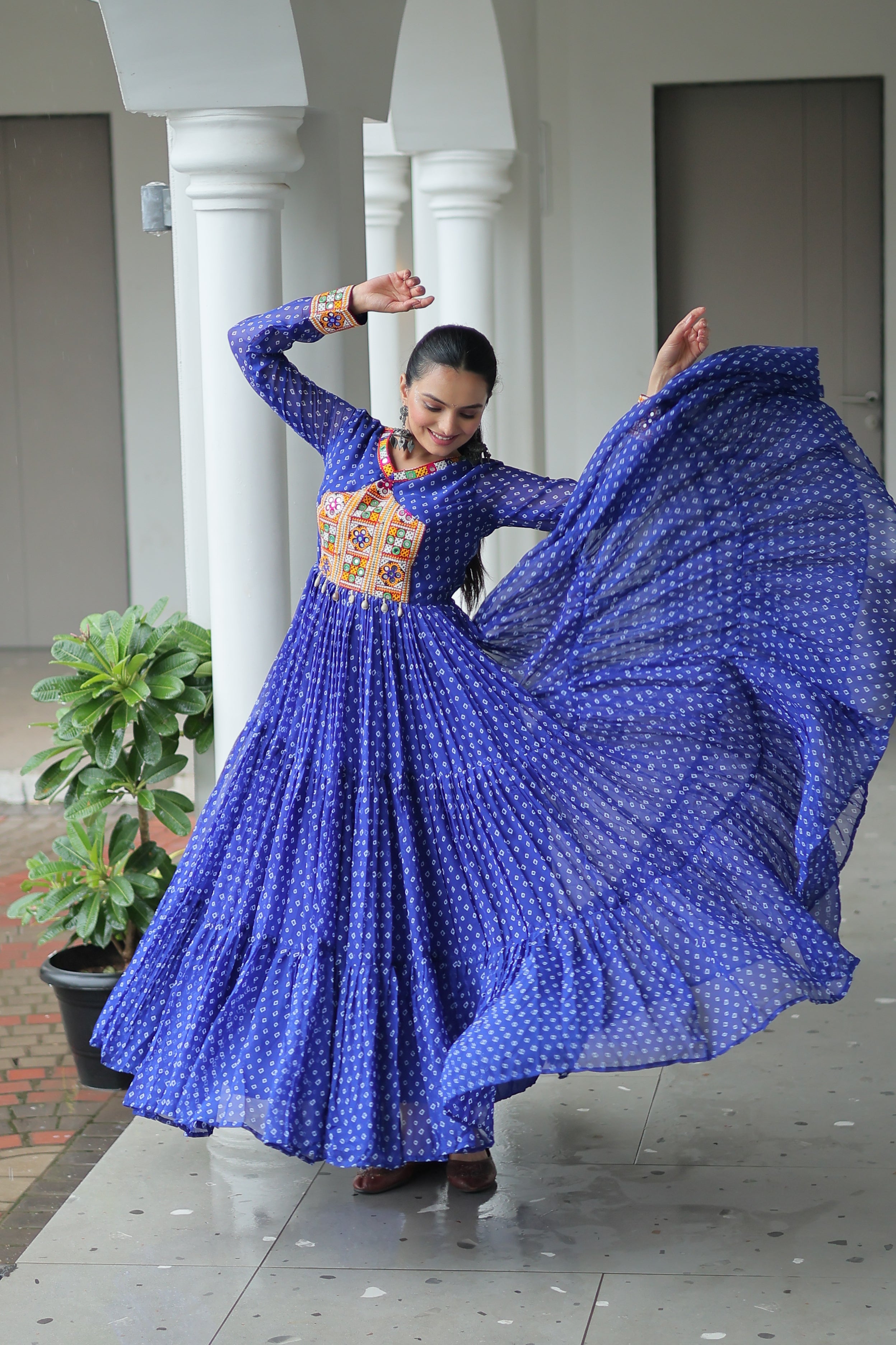 Bandhani Print Anarkali Gown with Mirror Work Yoke