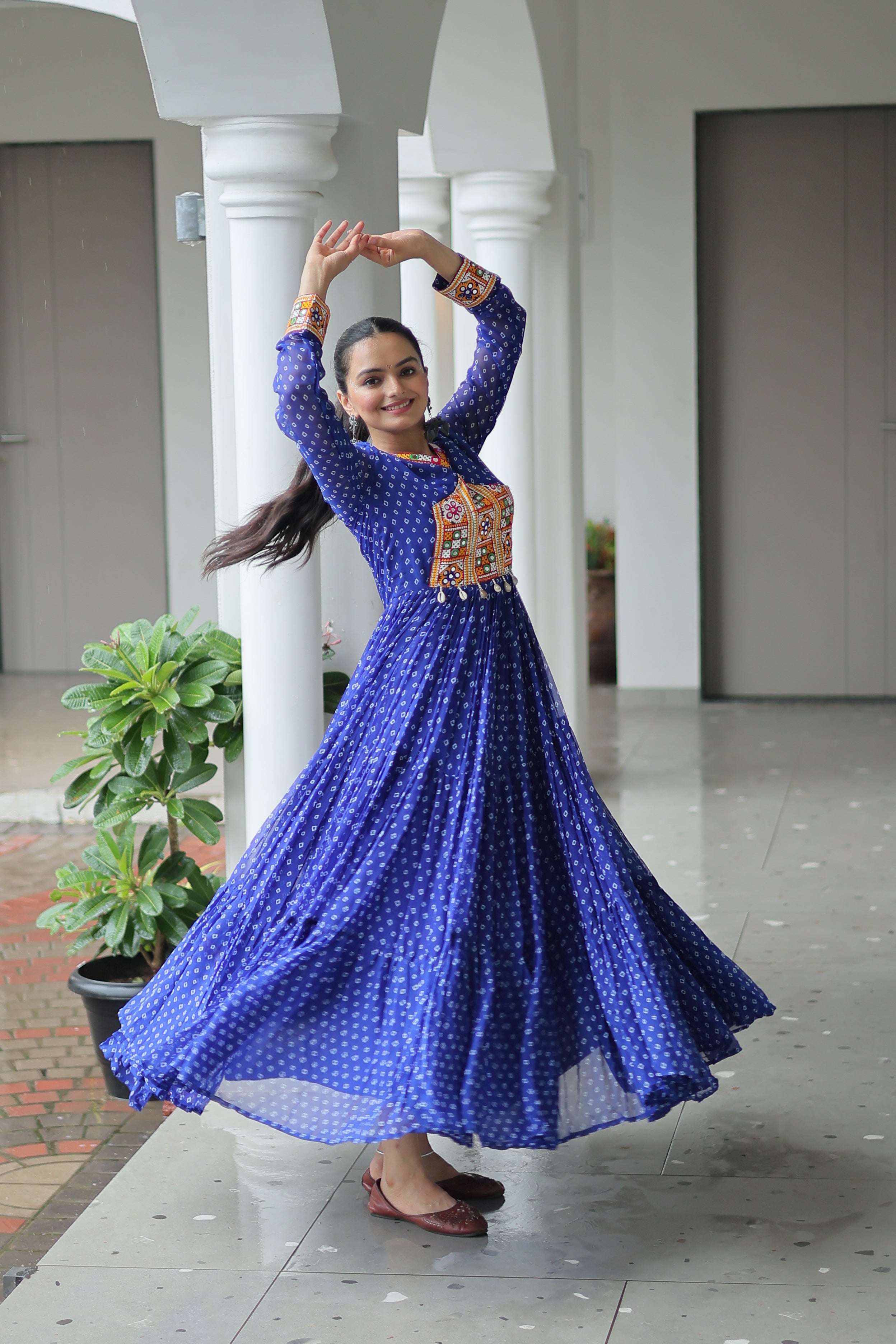 Bandhani Print Anarkali Gown with Mirror Work Yoke