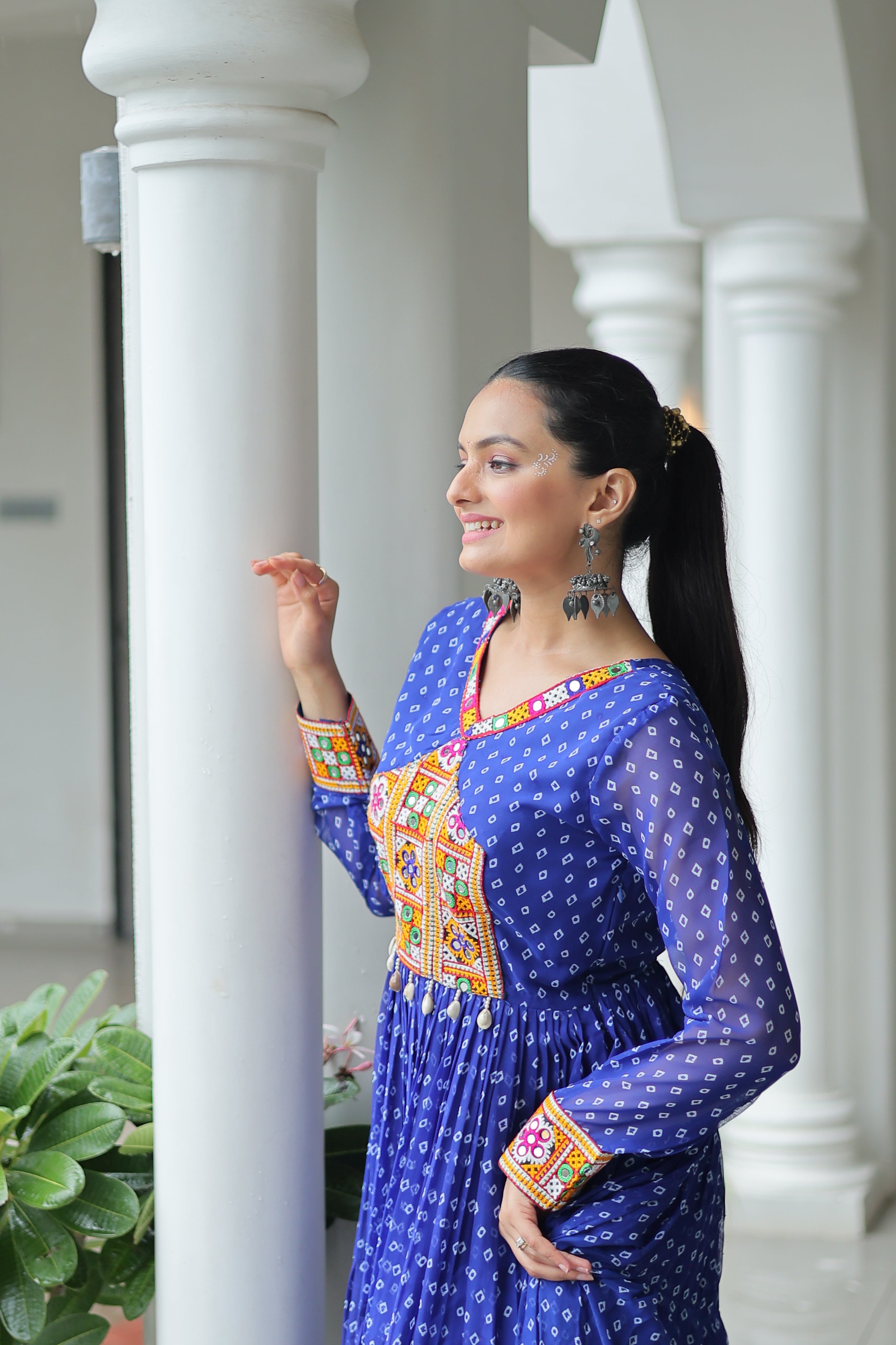 Bandhani Print Anarkali Gown with Mirror Work Yoke