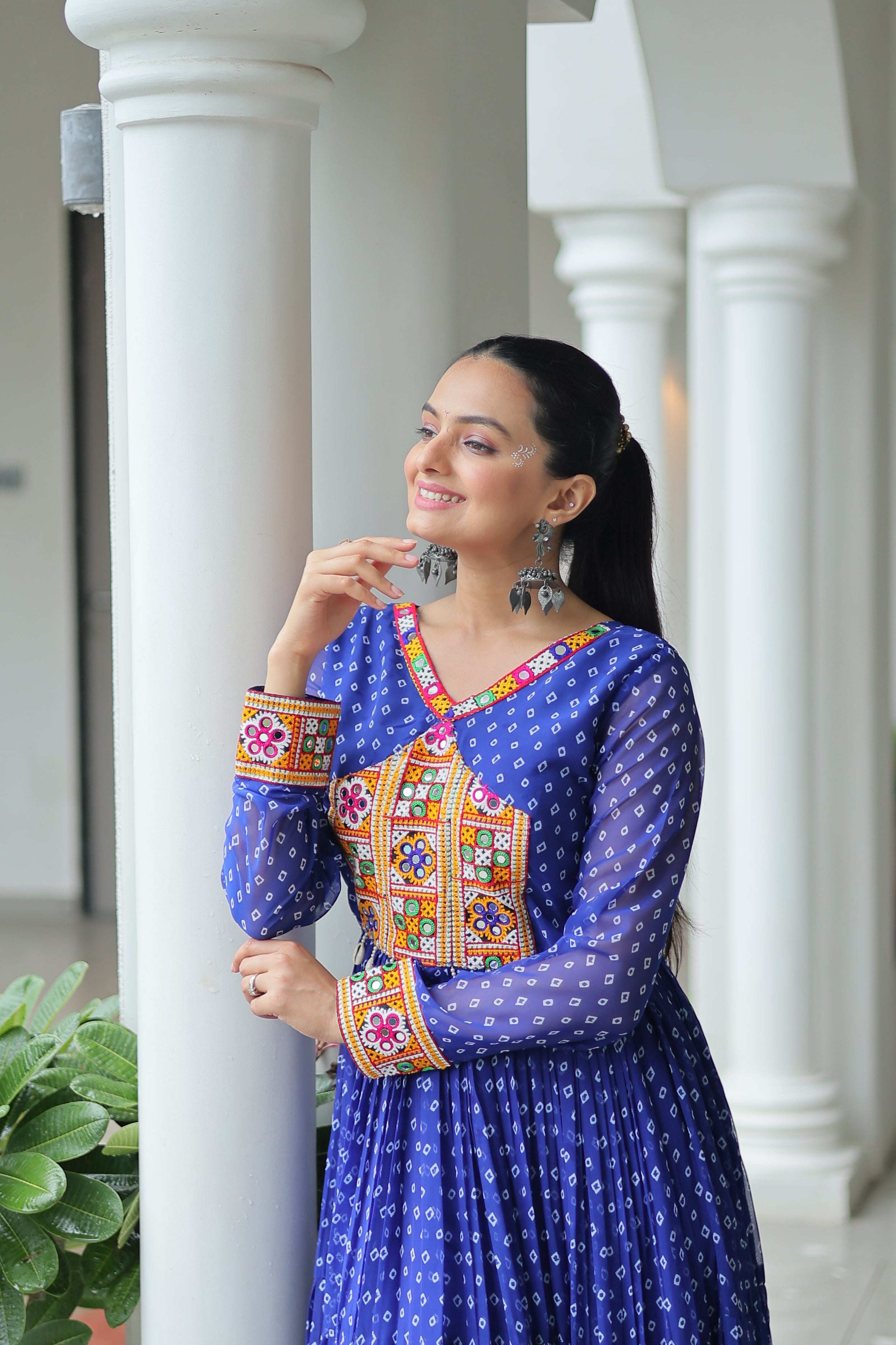 Bandhani Print Anarkali Gown with Mirror Work Yoke