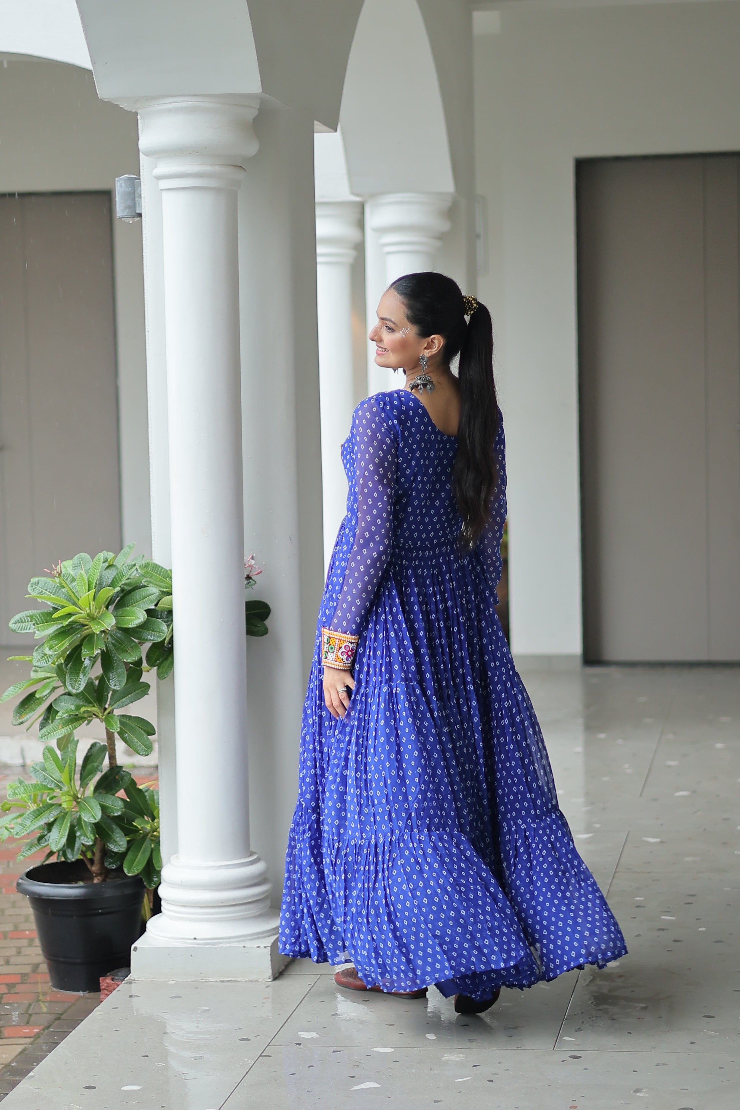Bandhani Print Anarkali Gown with Mirror Work Yoke