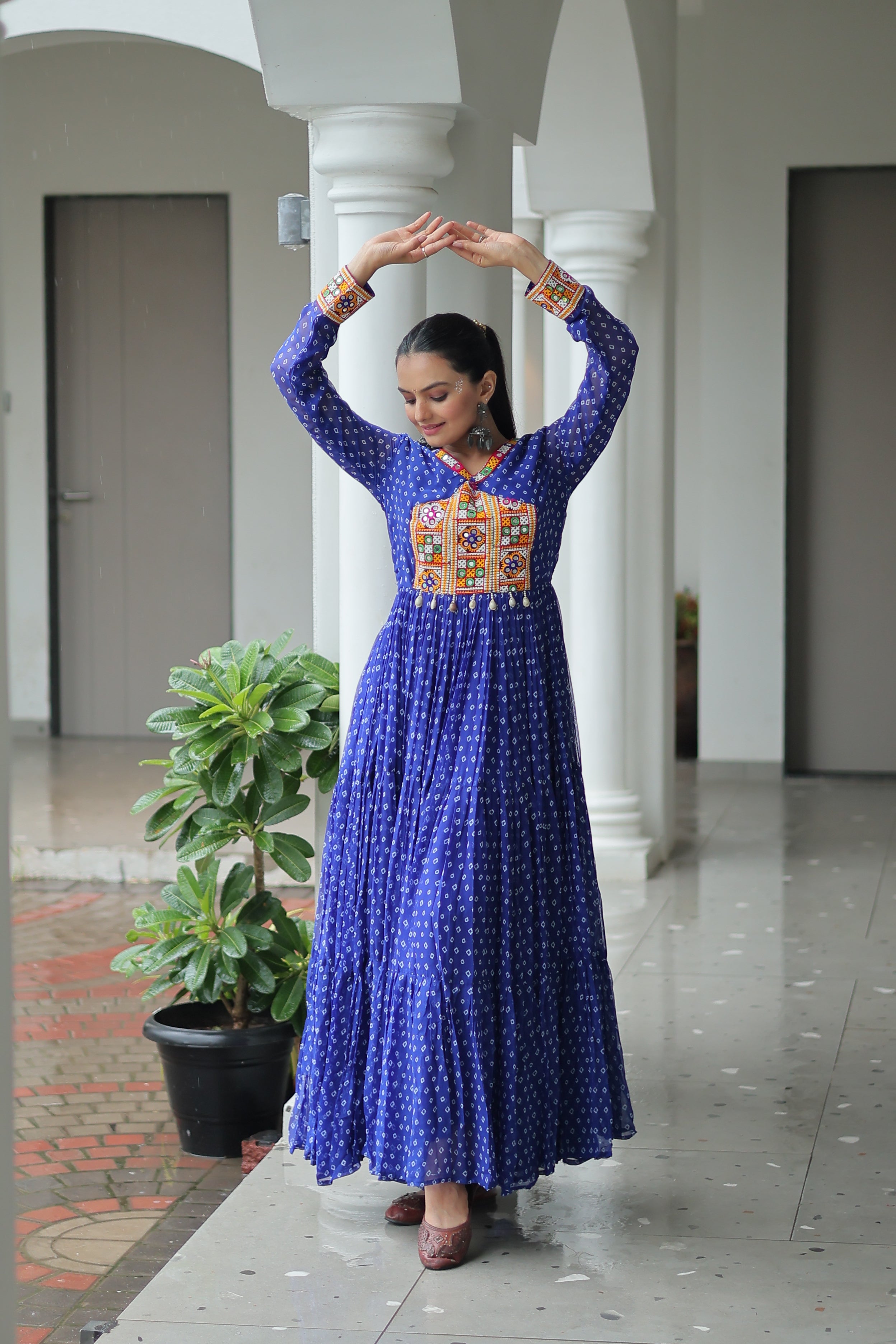 Bandhani Print Anarkali Gown with Mirror Work Yoke