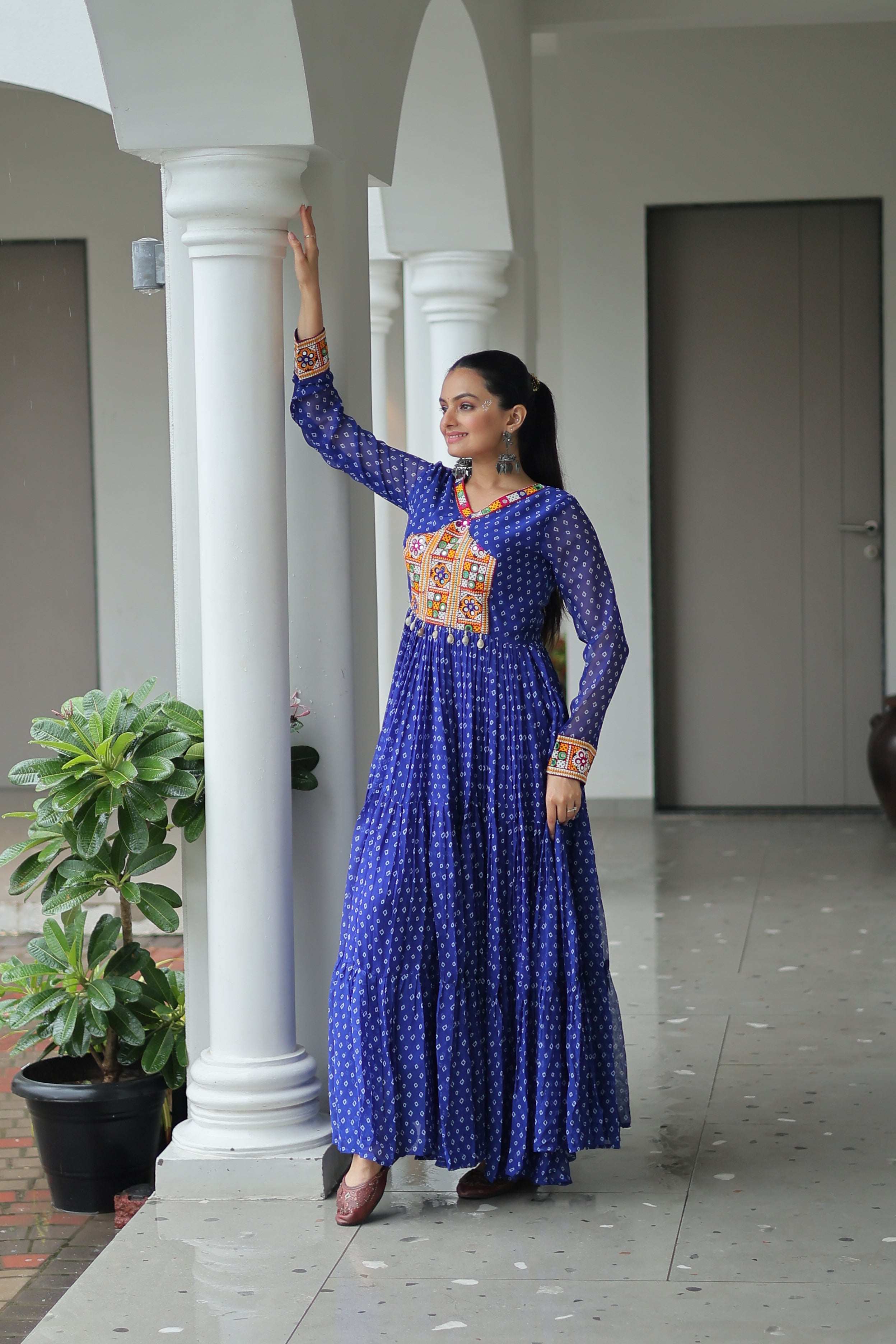 Bandhani Print Anarkali Gown with Mirror Work Yoke